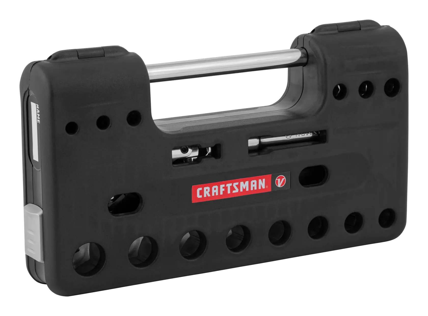Left profile of 3 eighth inch drive S A E 6 point tool set.