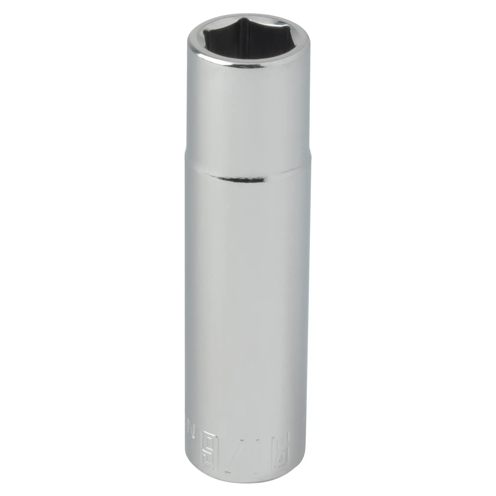 A close-up image of a shiny, silver deep socket tool used with a ratchet for tightening or loosening nuts and bolts.