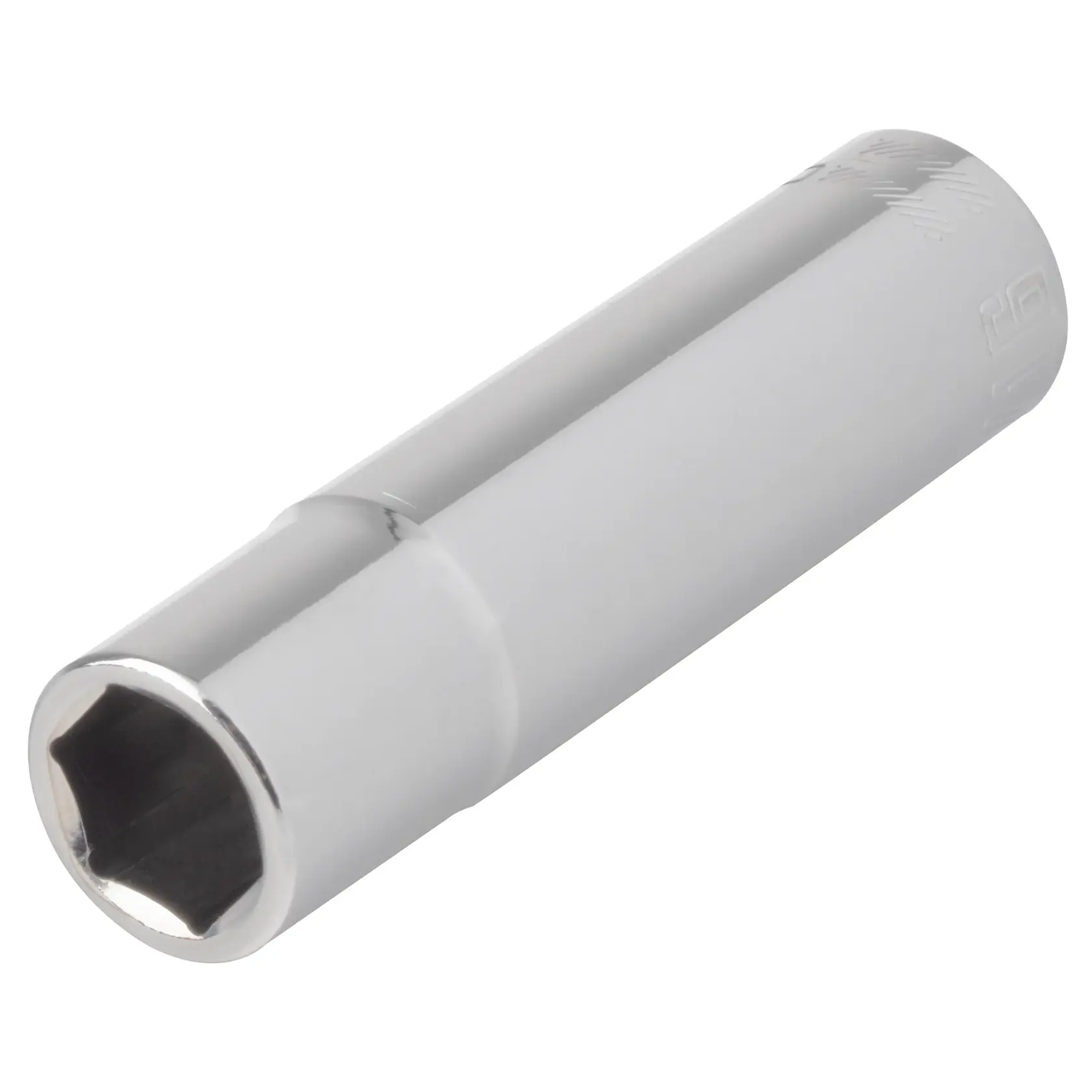 A close-up image of a shiny chrome socket, typically used with a ratchet for tightening or loosening bolts and nuts.