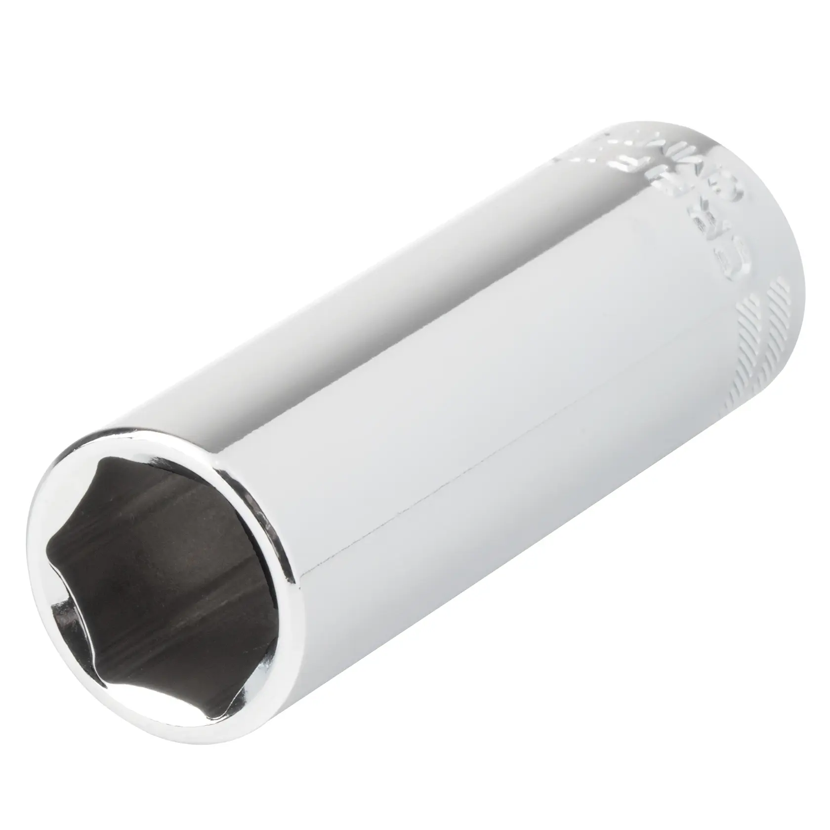 A close-up image of a shiny chrome socket, commonly used with a socket wrench for tightening or loosening nuts and bolts.