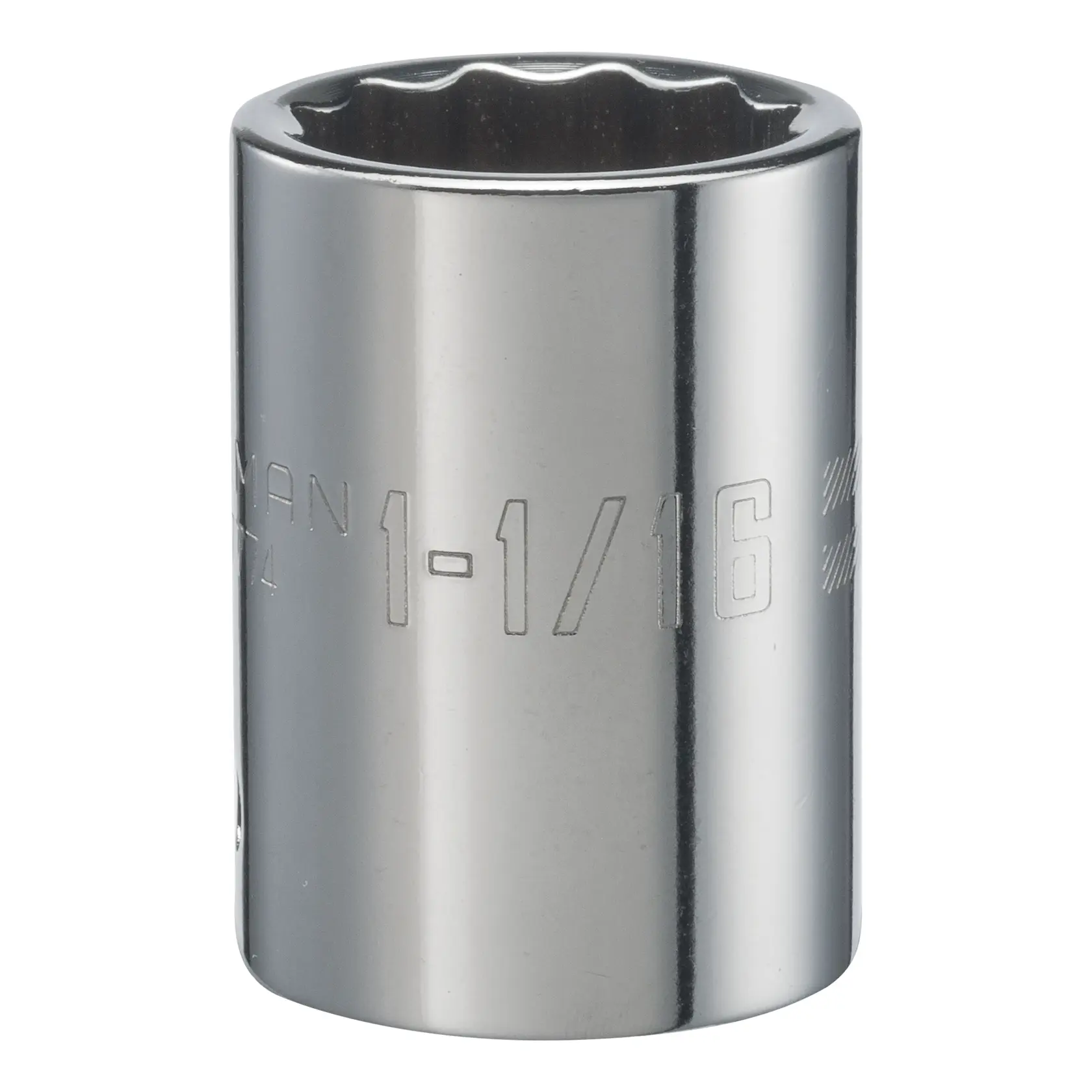 3 quarter inch drive 1 1 sixteenth inch 12 point S A E shallow socket.