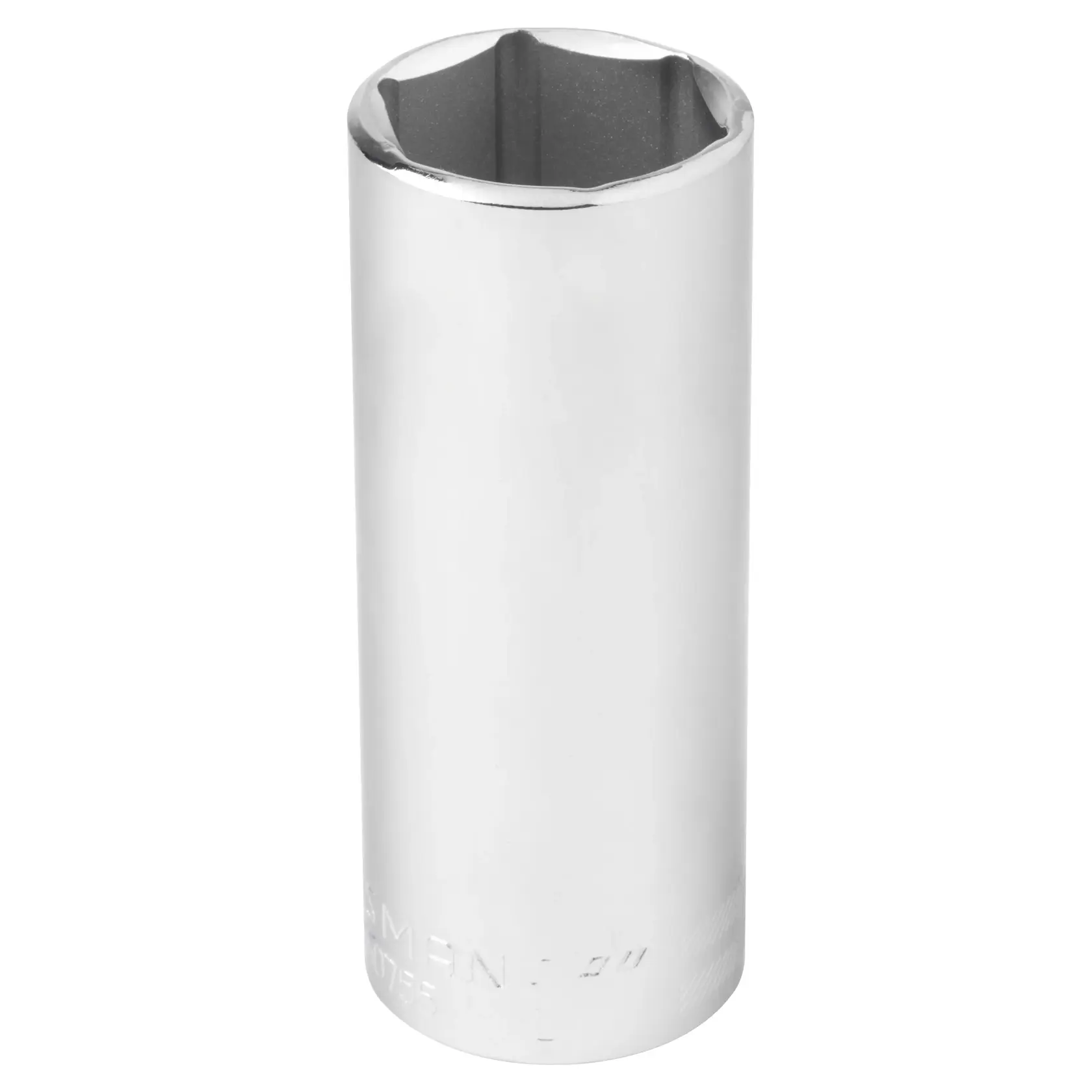 A close-up image of a shiny chrome deep socket, used for turning nuts and bolts, with a six-point interior.