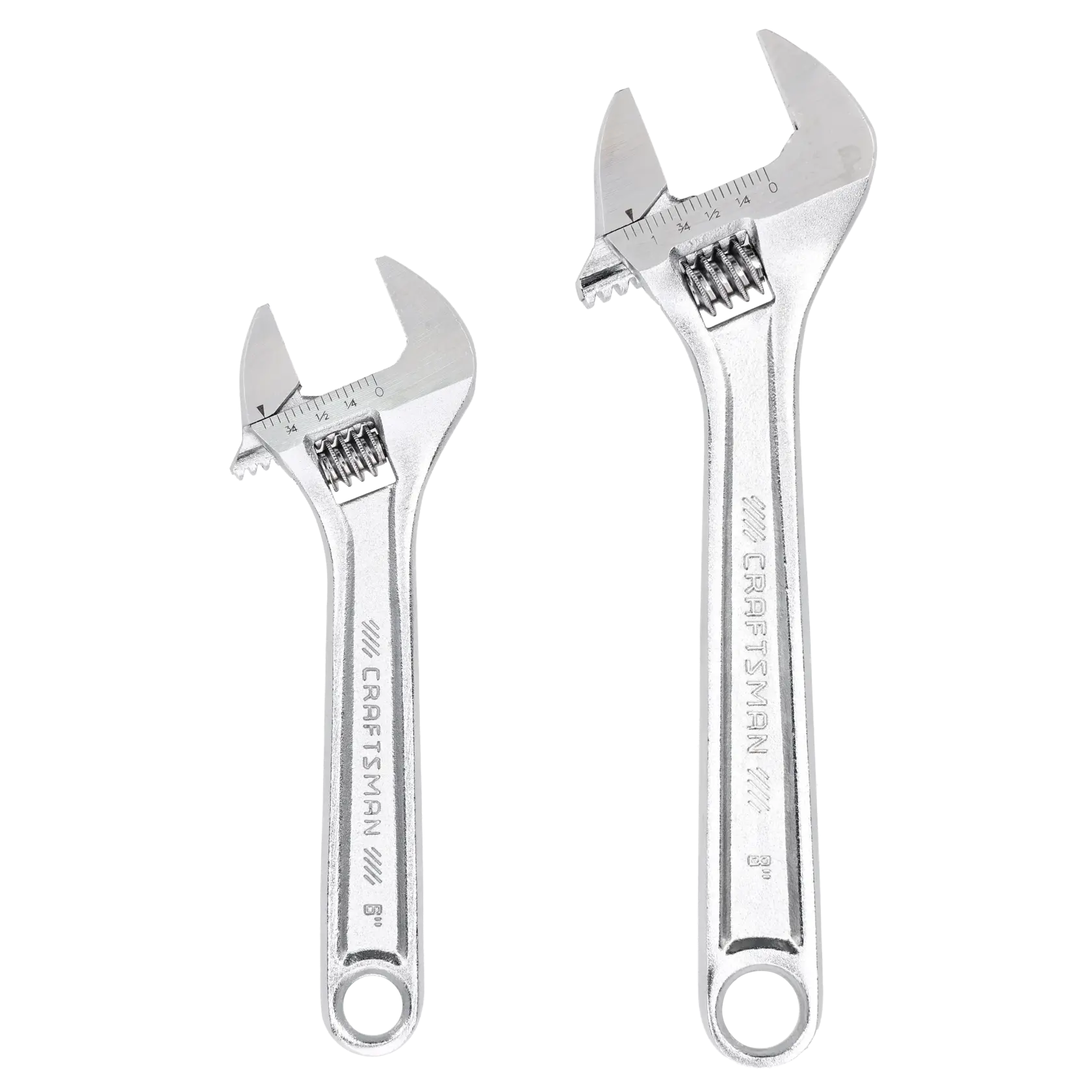 Photo of two Craftsman adjustable wrenches, SKU CMMT81630, silver finish, front angle, on white background.