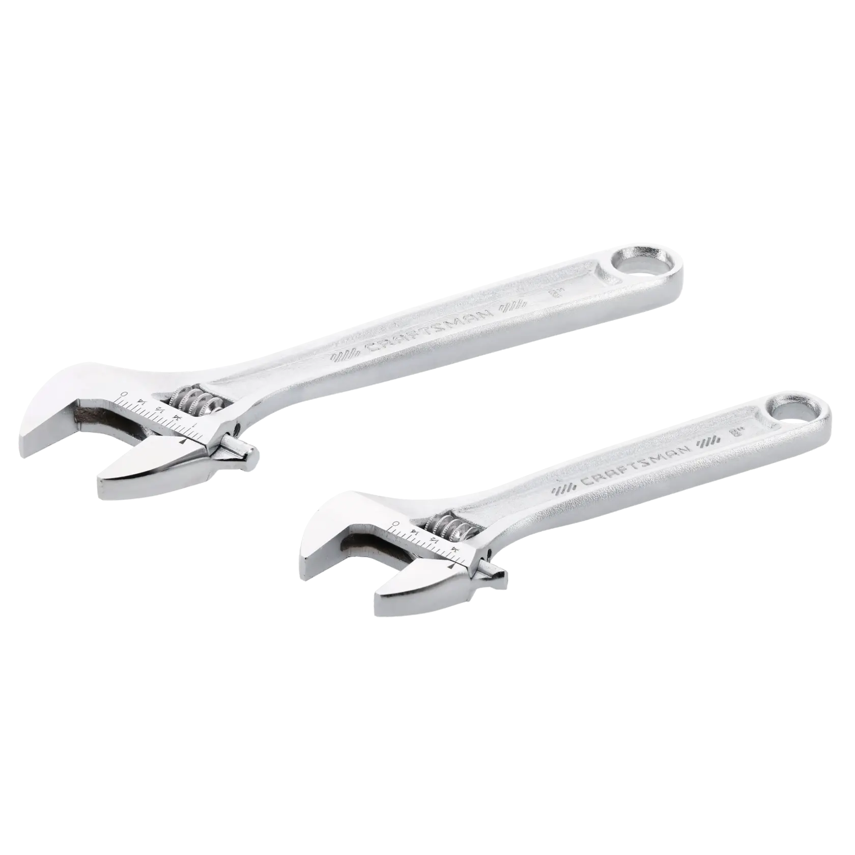 Photo of Craftsman CMMT81630 adjustable wrench set, two silver wrenches, side angle on white background.