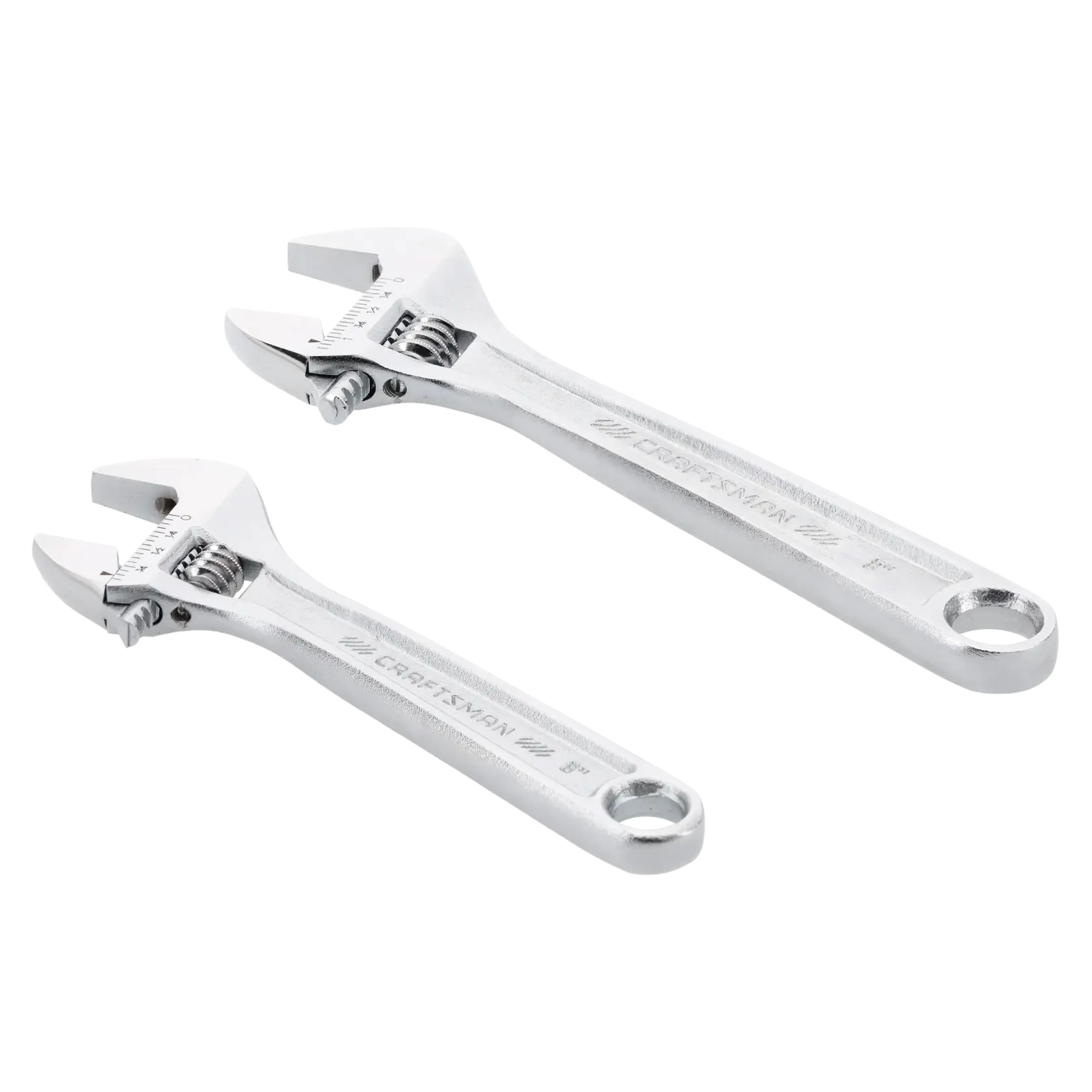 Photo of CRAFTSMAN CMMT81630 adjustable wrench set, two silver wrenches angled on white background.