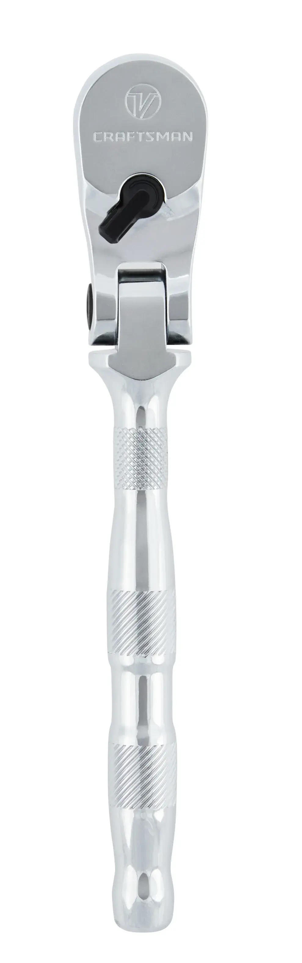 Profile of V series three eighth inch drive flex head ratchet.