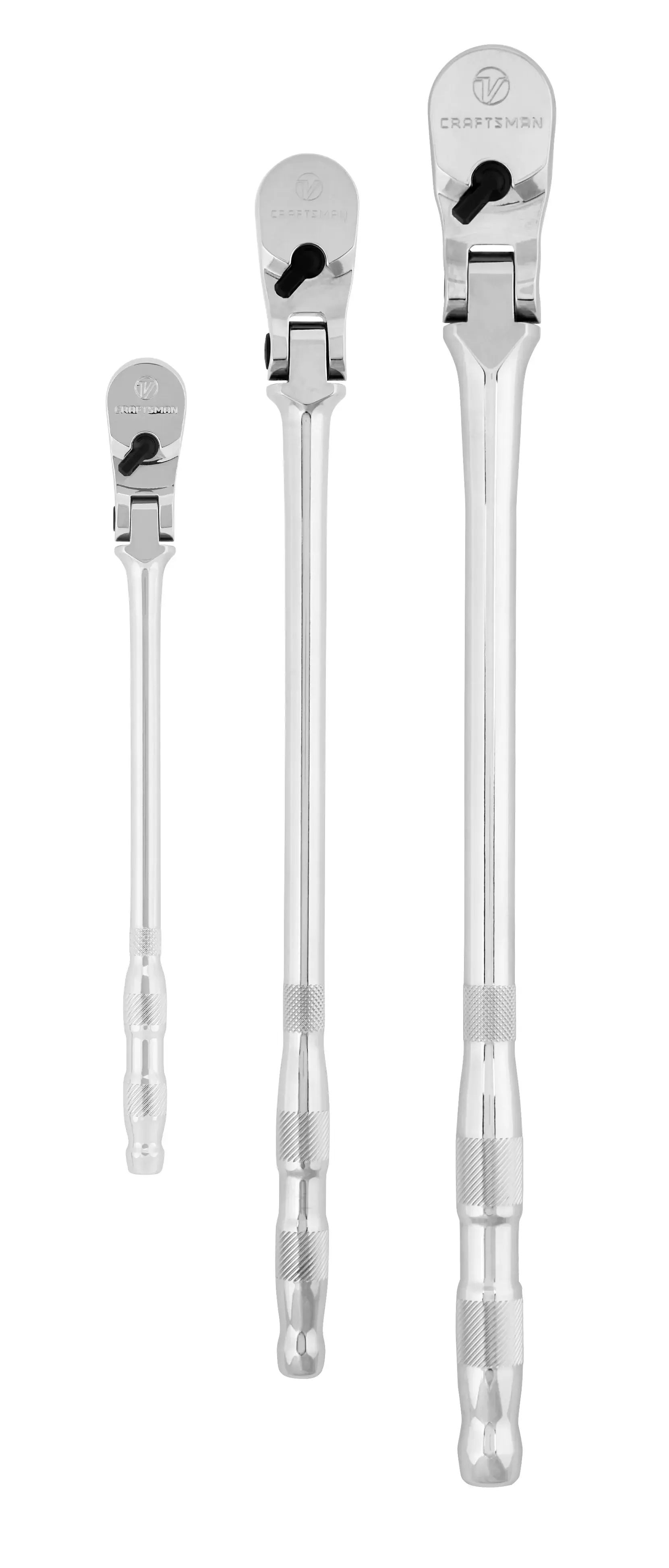 Right profile of V series quarter inch three eighth inch and half inch drive long flex head ratchet. 3 pack