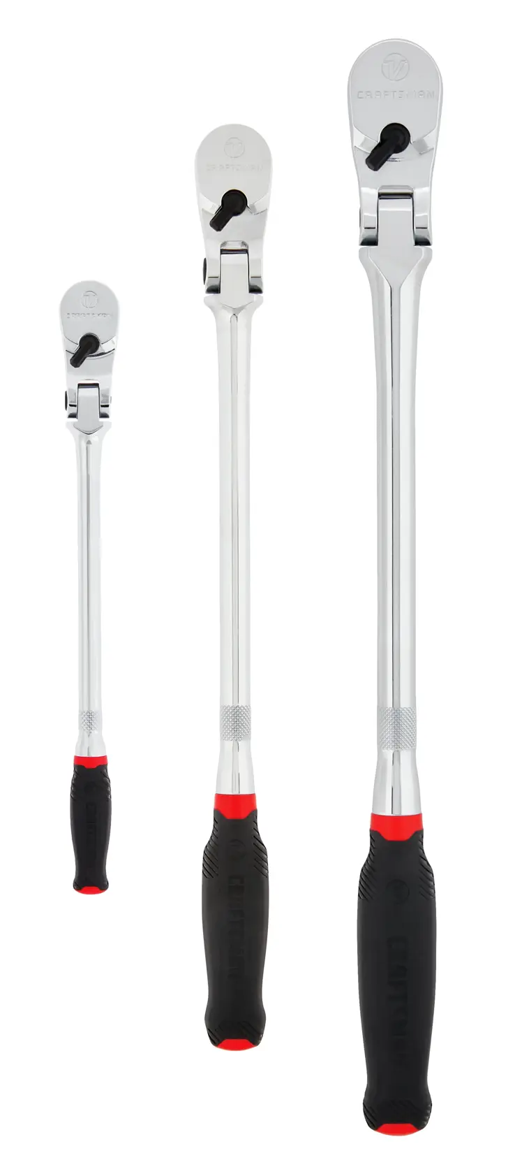 Profile of V series quarter inch three eighth inch and half inch drive comfort grip long flex head ratchet. 3 pack