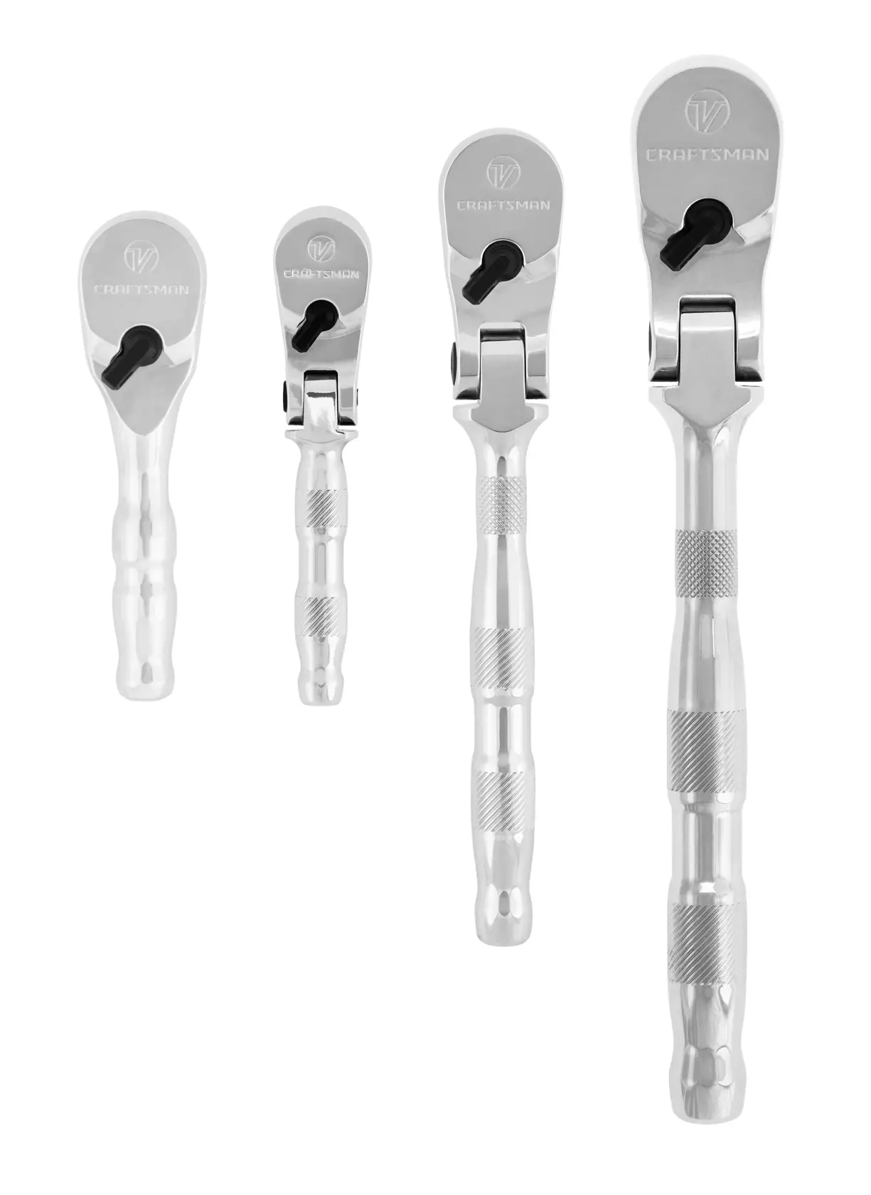 Profile of V series quarter inch three eighth inch and half inch drive ratchet set. 4 pack