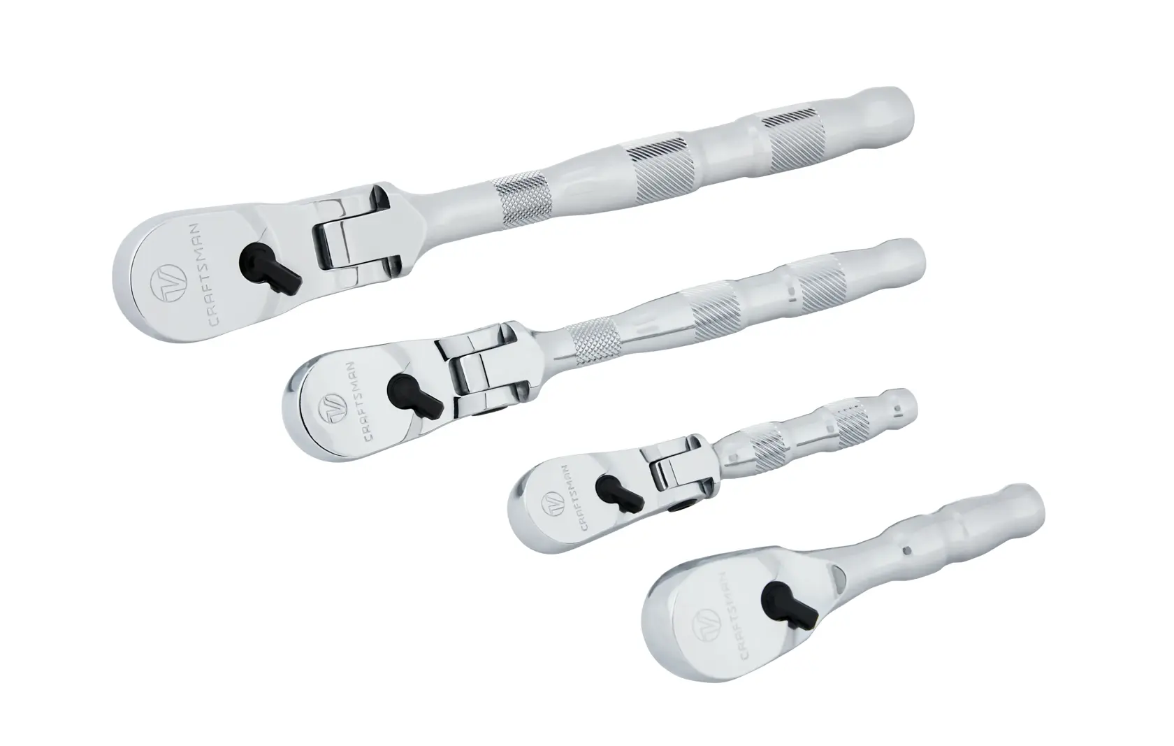 Right profile of V series quarter inch three eighth inch and half inch drive ratchet set. 4 pack