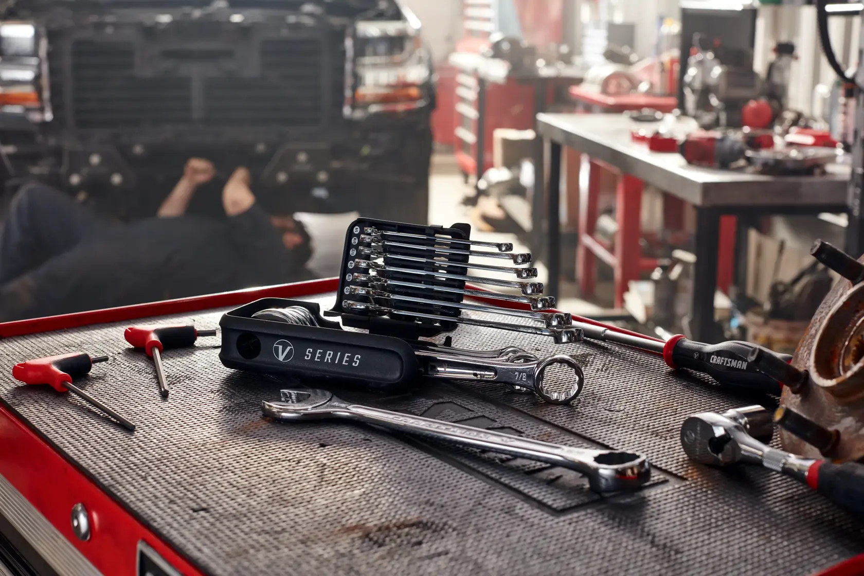 V series S A E combination wrench set (12 piece) in use.