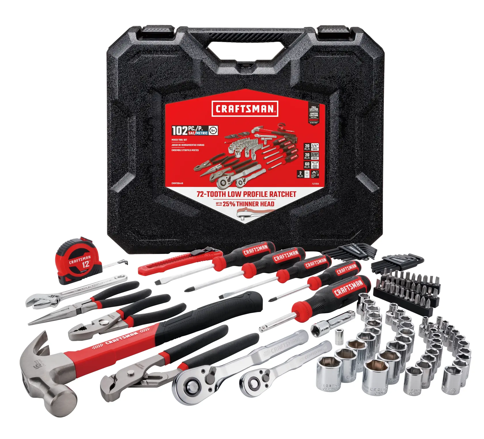 CRAFTSMAN 102 Piece Mechanics Tool Set and case Laid Out on White Background