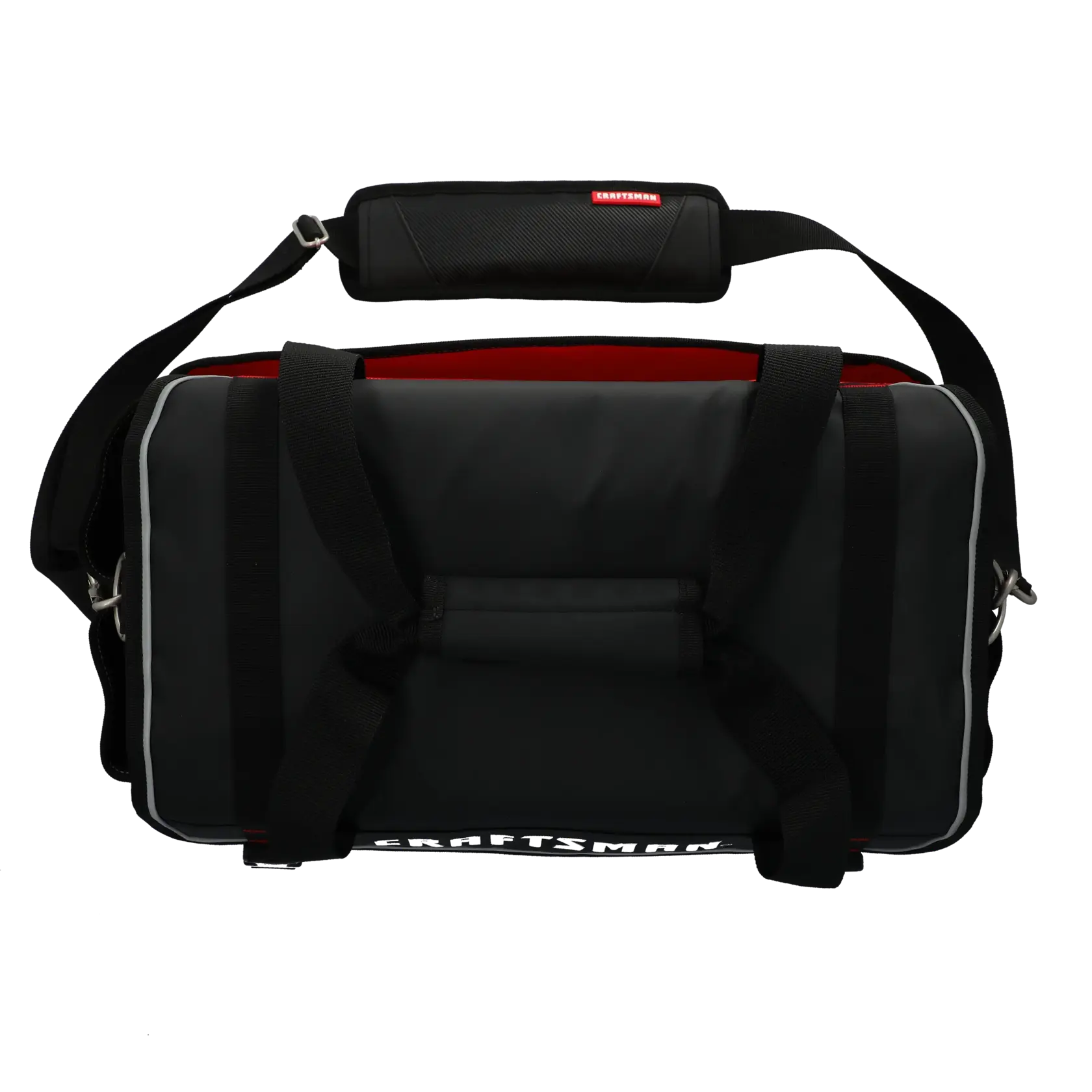 Black CRAFTSMAN tool bag with shoulder strap and handles, red interior, shown from the top view.