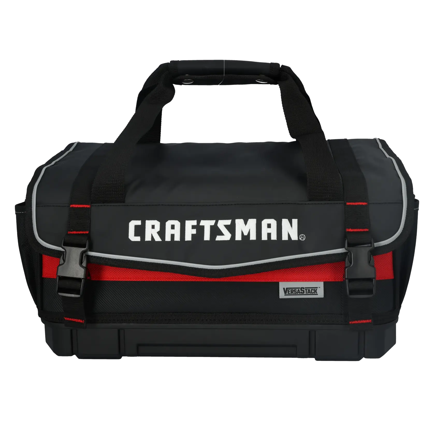 Black and red CRAFTSMAN tool bag with handles and buckles, labeled VERSASTACK. Front view with logo visible.
