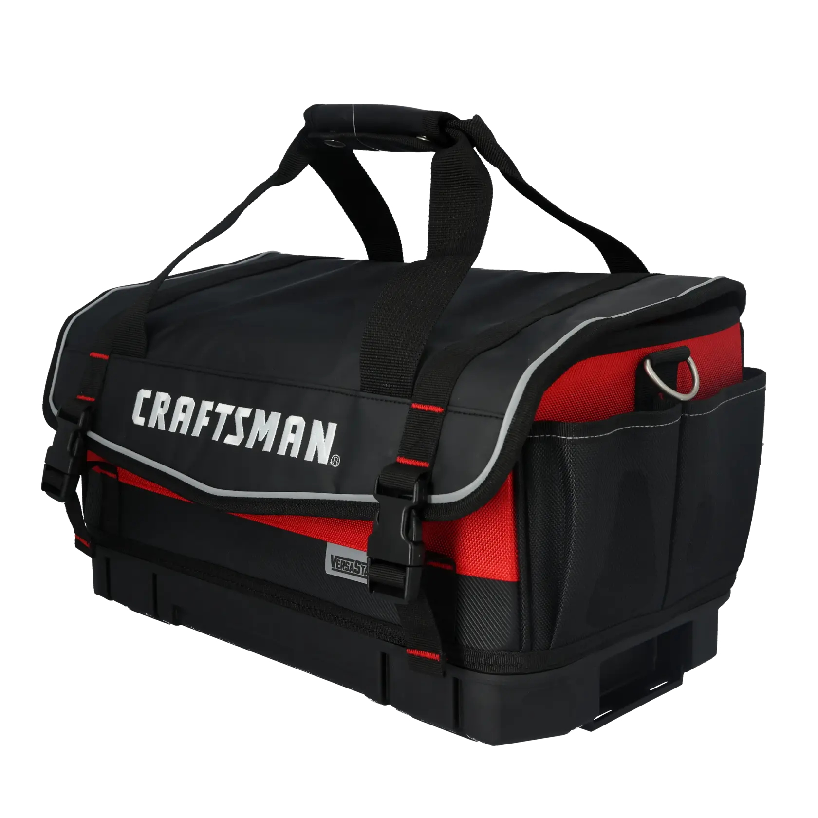Black and red CRAFTSMAN tool bag with handle, side pockets, and secure clasps for storage.