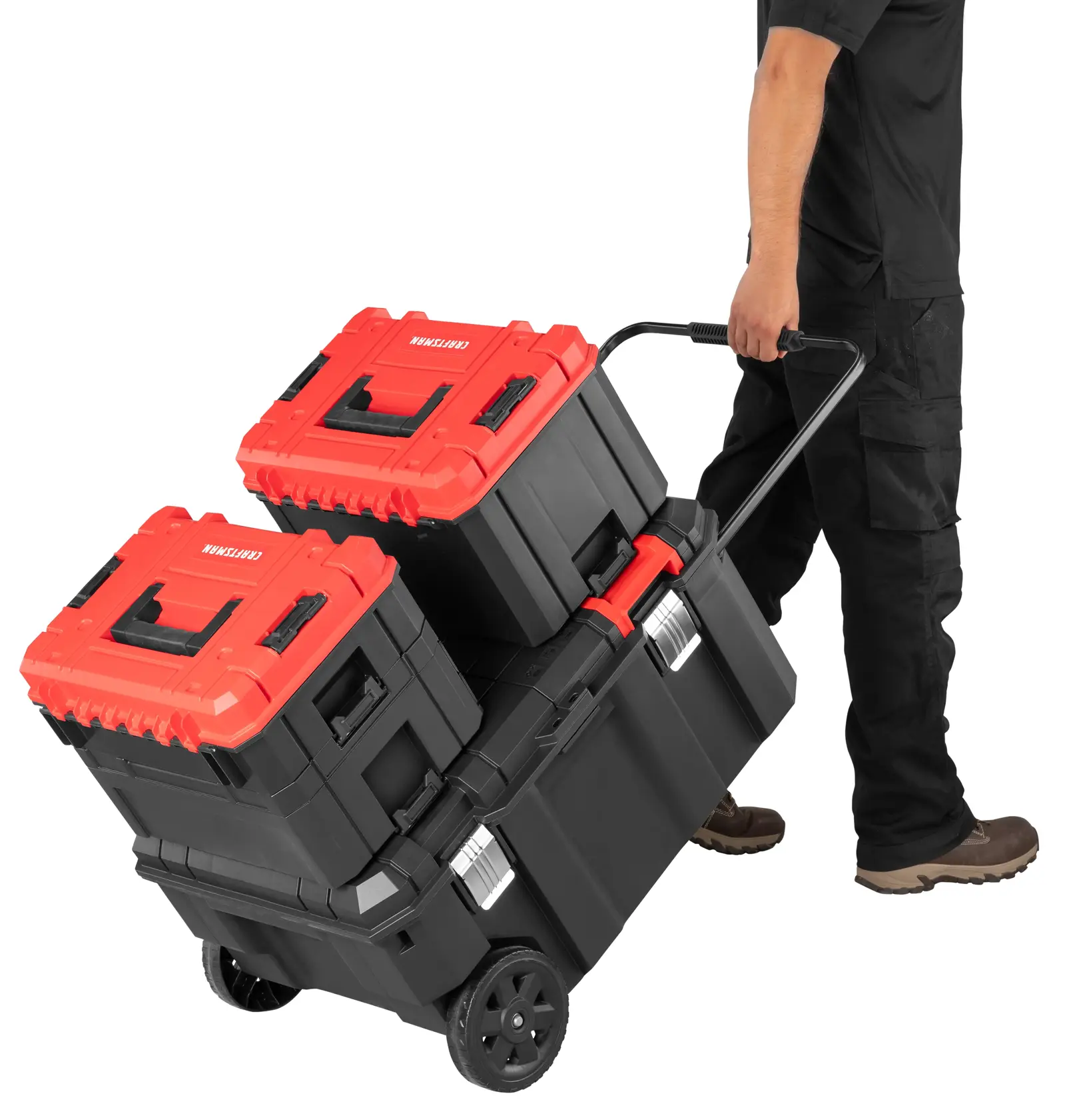 CRAFTSMAN VERSASTACK 30 Gallon Chest with additional VERSASTACK products attached being pulled by person