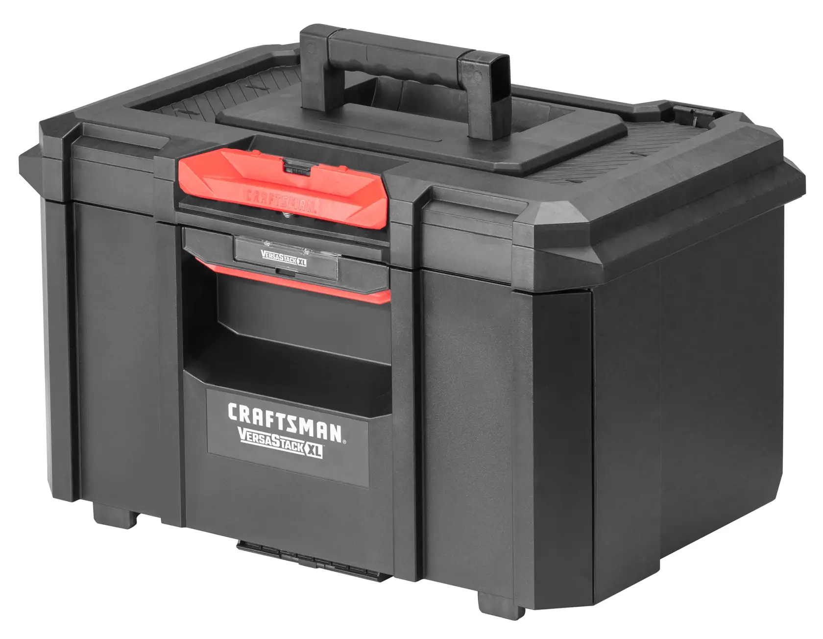 Photo of CRAFTSMAN CMST21403 large black plastic tool box with red latch, top handle, angled on white background.
