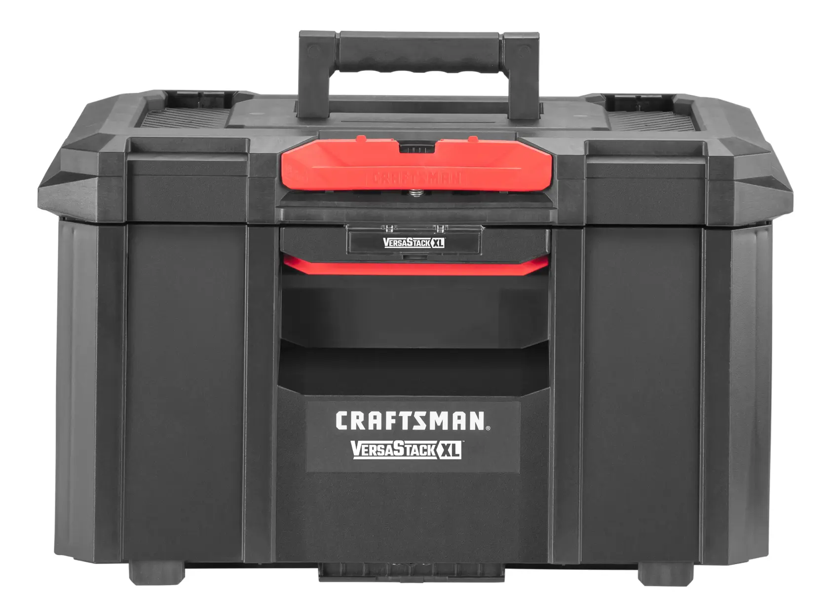 Front view photo of Craftsman CMST21403 black and red VersaStack XL plastic tool box with handle and latch.