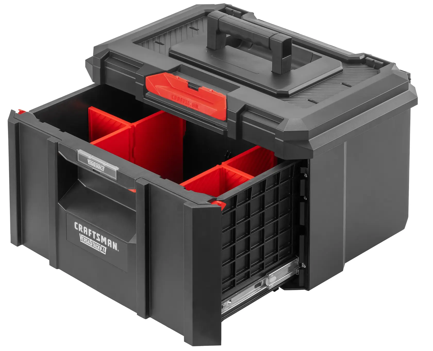 Craftsman CMST21403 black tool storage box with open red-sectioned drawer, front angle photo.