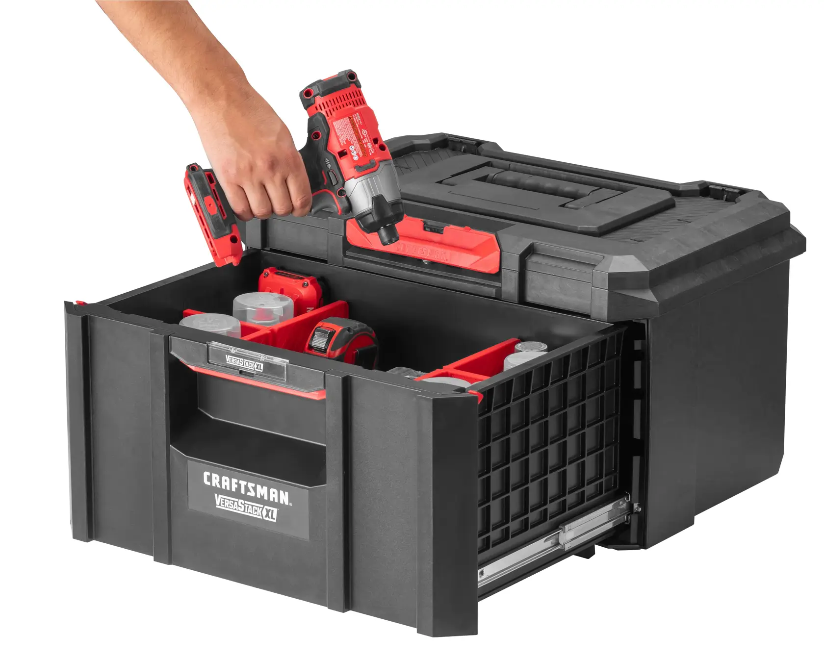 Photo of Craftsman VERSASTACK XL tool box CMST21403 with open drawer, holding red power tools, front angle.