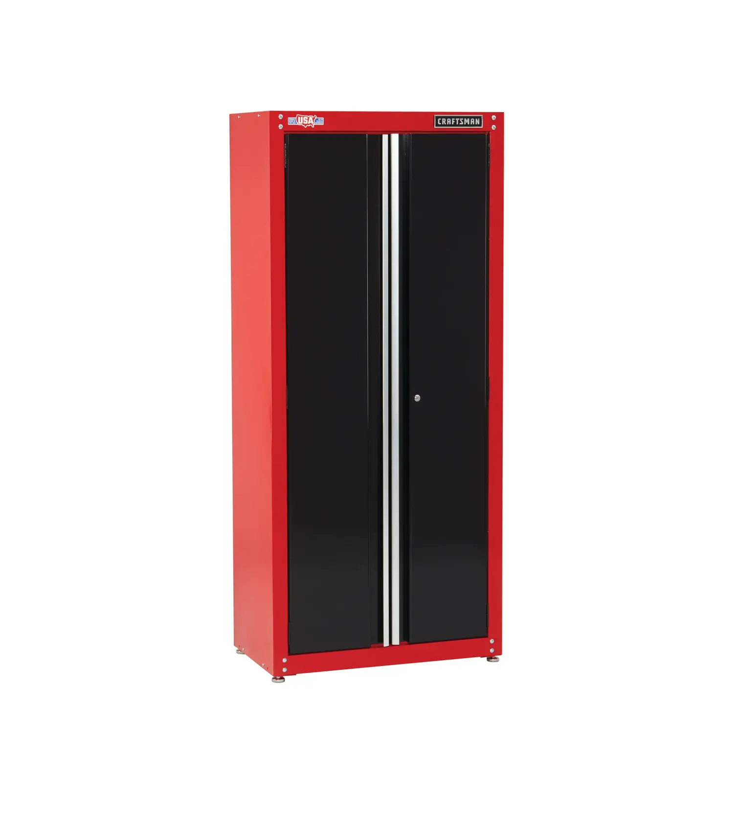 Profile of 32 inch Wide freestanding tall garage storage cabinet.