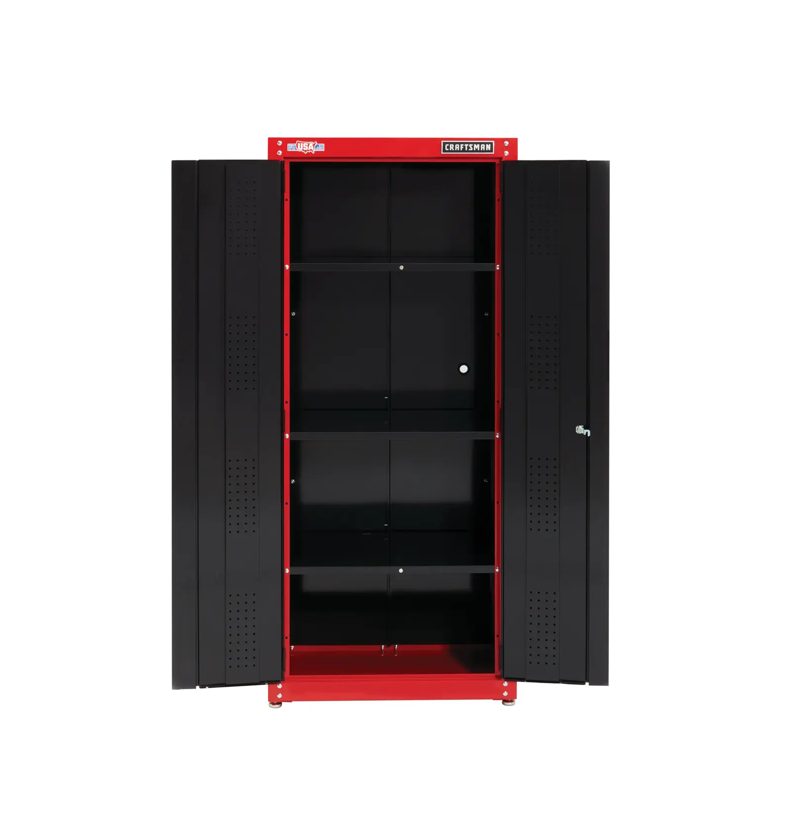 32 inch Wide freestanding tall garage storage cabinet doors opened.