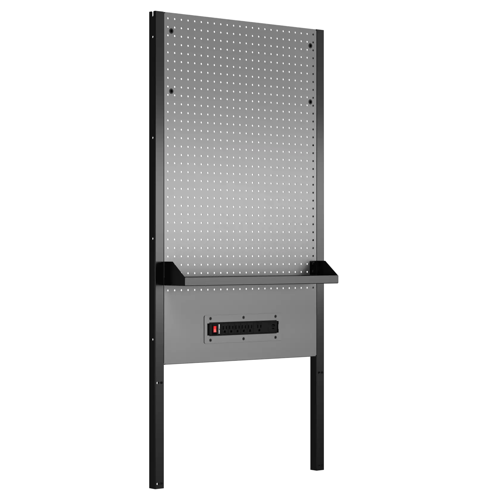 A metal pegboard workstation with a built-in shelf and power strip, designed for tool organization. The unit has a perforated back panel, sturdy black legs, and a grey lower section. The workstation is freestanding with a minimal design.