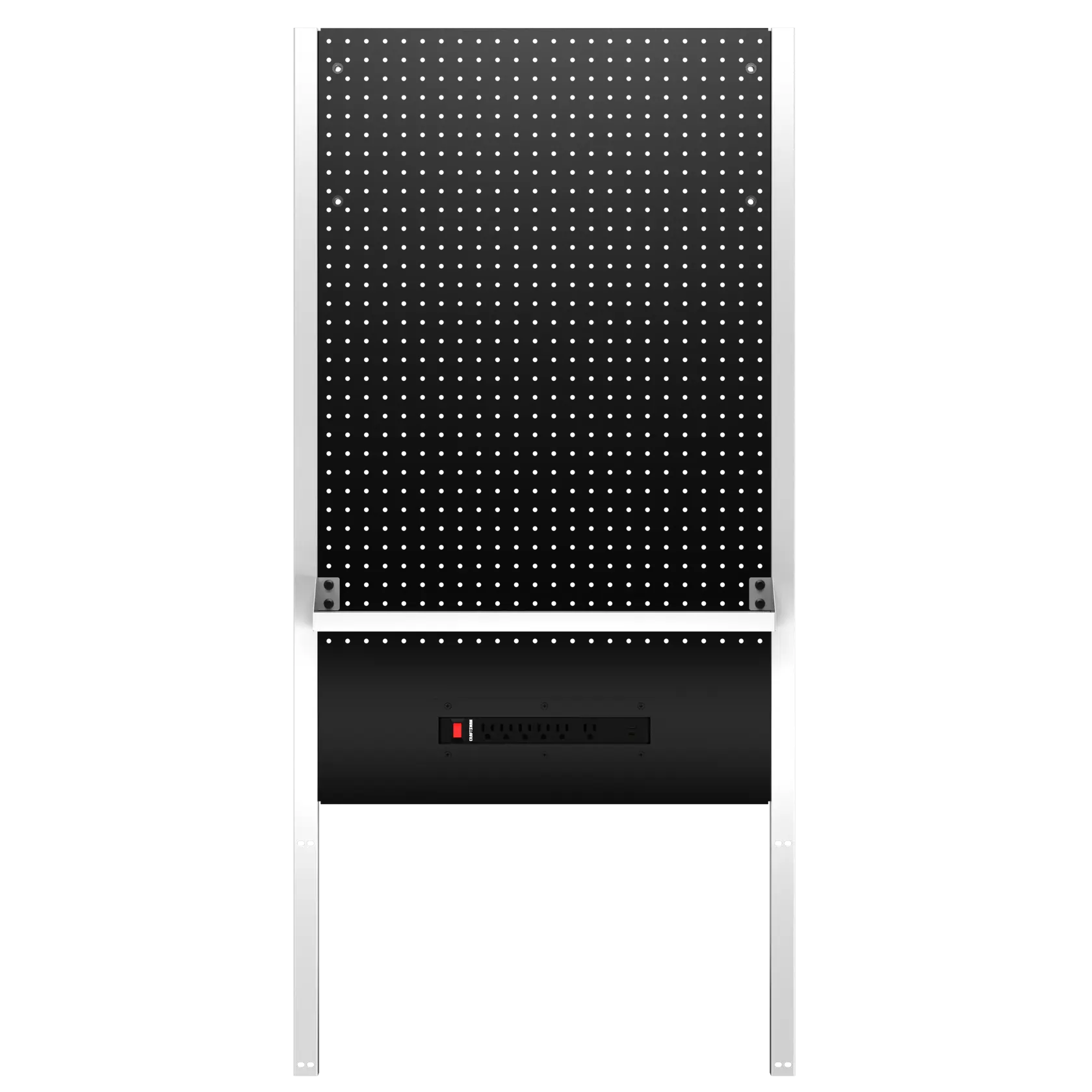 A CRAFTSMAN branded black pegboard panel with white metal frame, featuring a built-in electrical outlet strip below the pegboard area. The pegboard has evenly spaced holes for tool storage or organization.