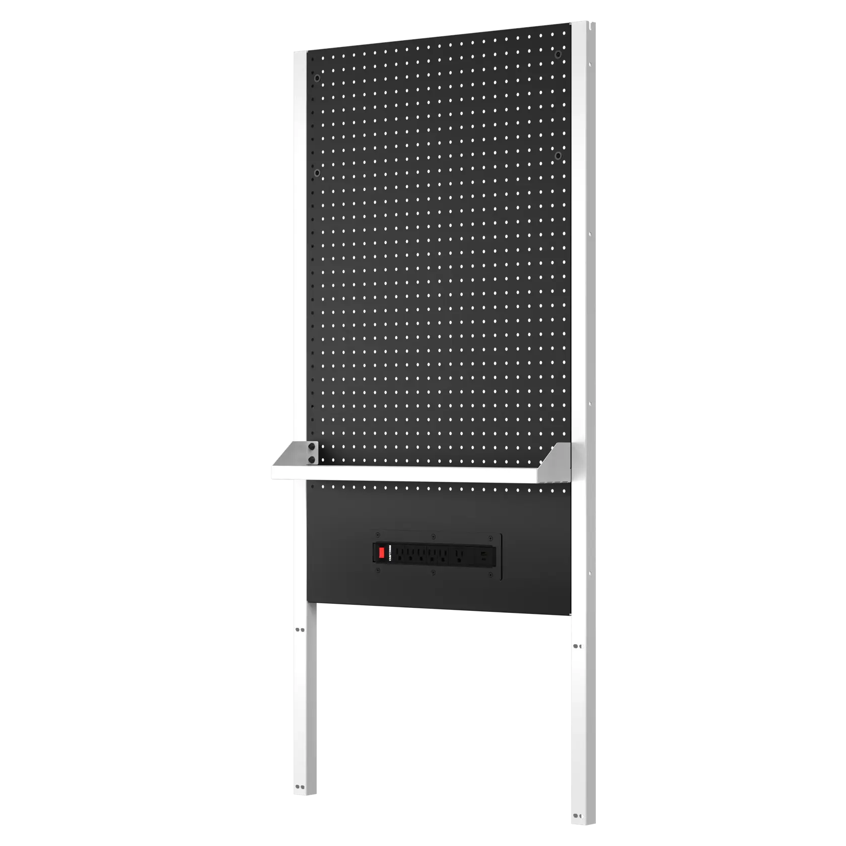 CRAFTSMAN CMST32600WB workstation pegboard with a black metal panel, white support frame, integrated power strip, and small shelf for storage.