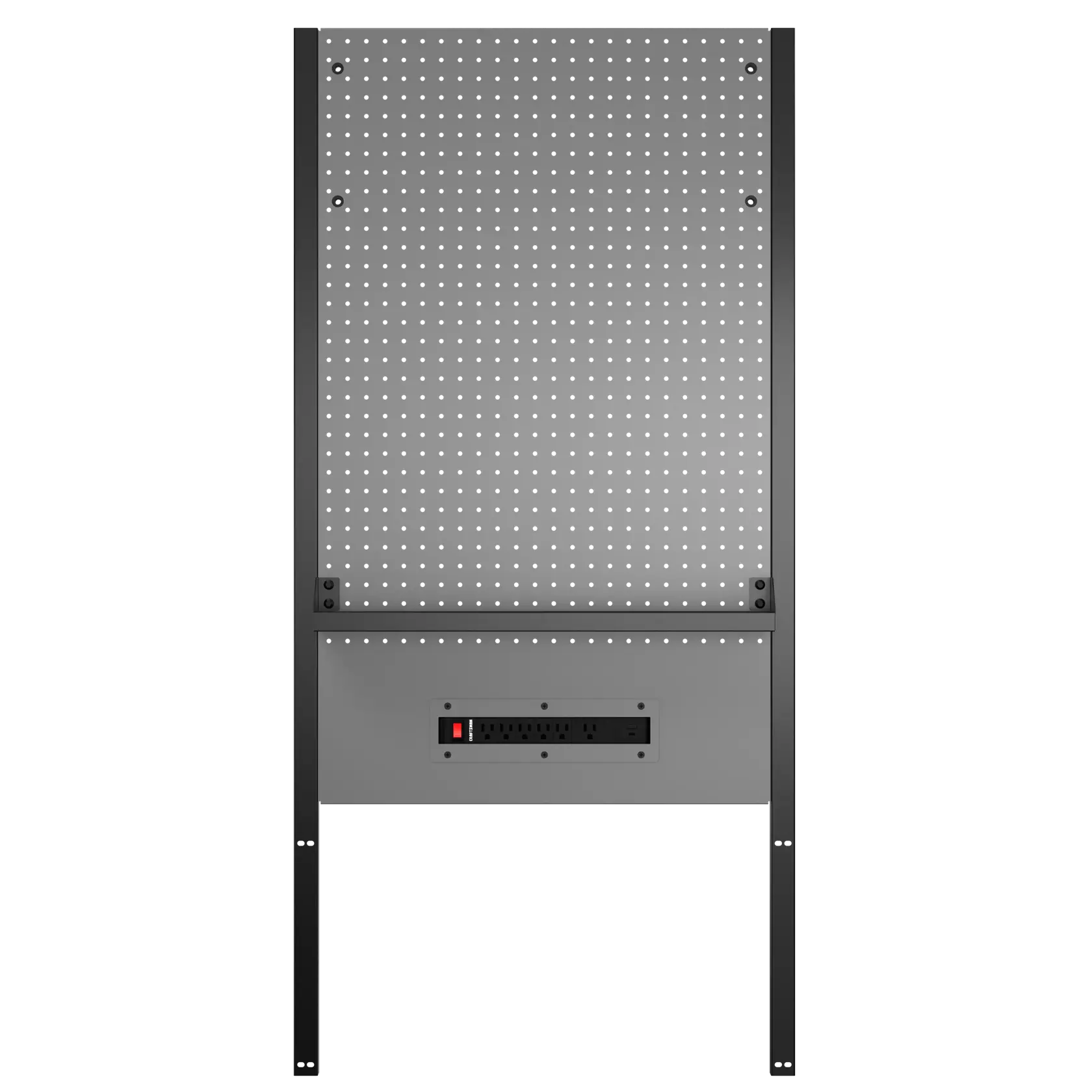 A vertical metal pegboard with a black frame, gray panel, and a built-in power strip at the bottom, suitable for organizing tools or accessories.