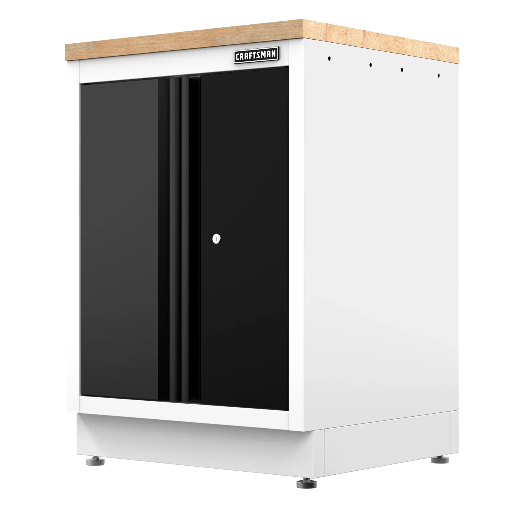 A Craftsman-branded metal storage cabinet with a white body and black double doors. The cabinet is cubic in shape, features a lock on the front doors, and has adjustable feet for stability.