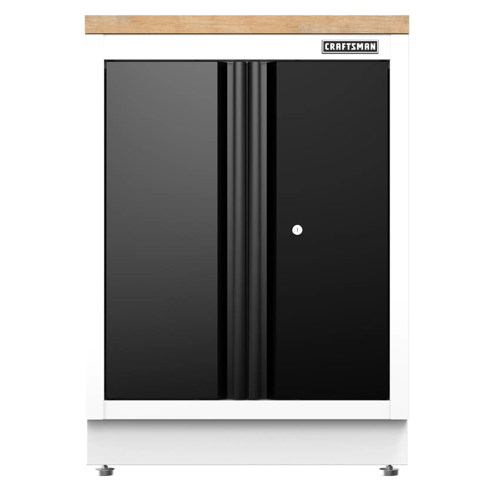 Front view of a CRAFTSMAN black and white storage cabinet with two doors and a lock, standing on adjustable feet.