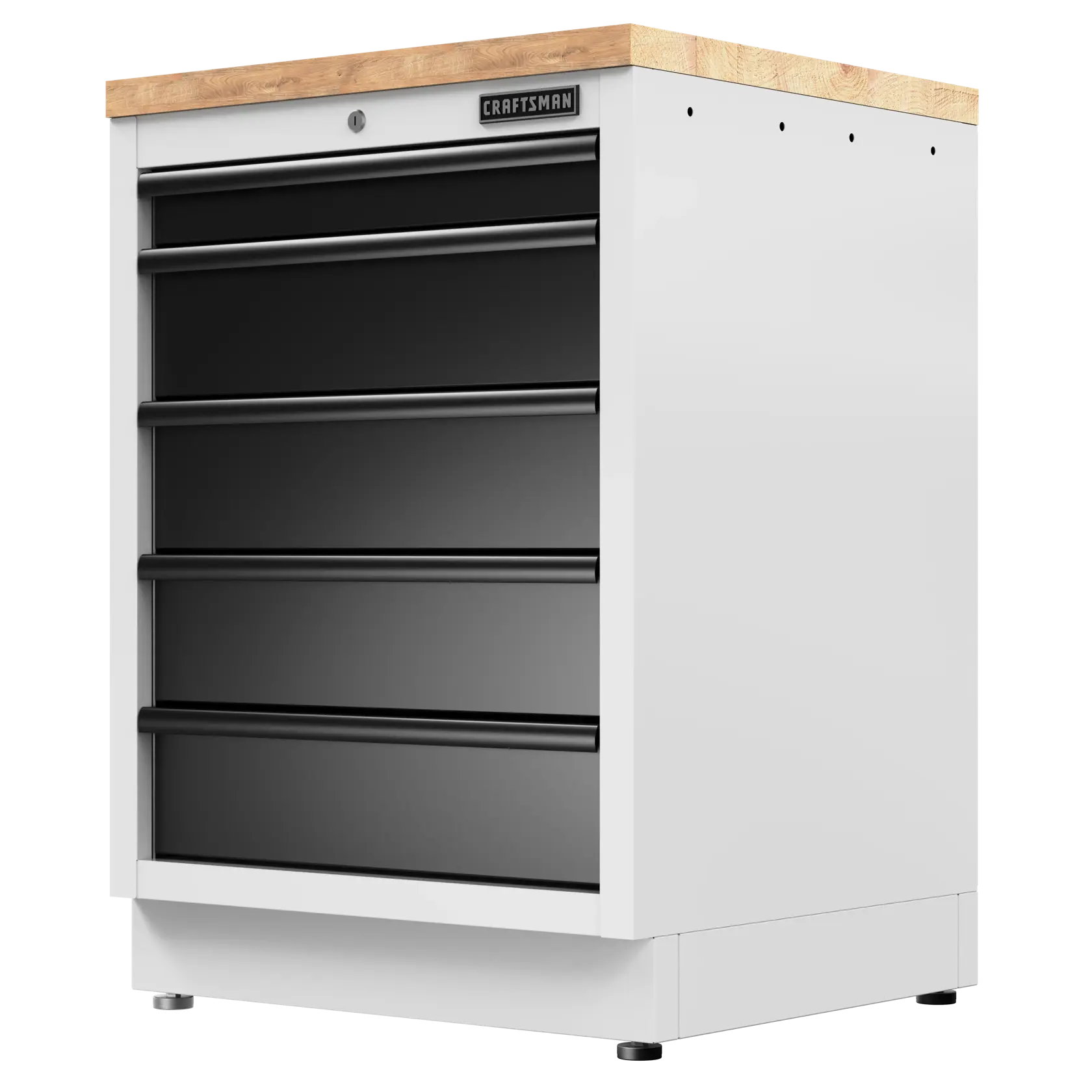 White storage cabinet with four black drawers and wood top, labeled CRAFTSMAN on the front.
