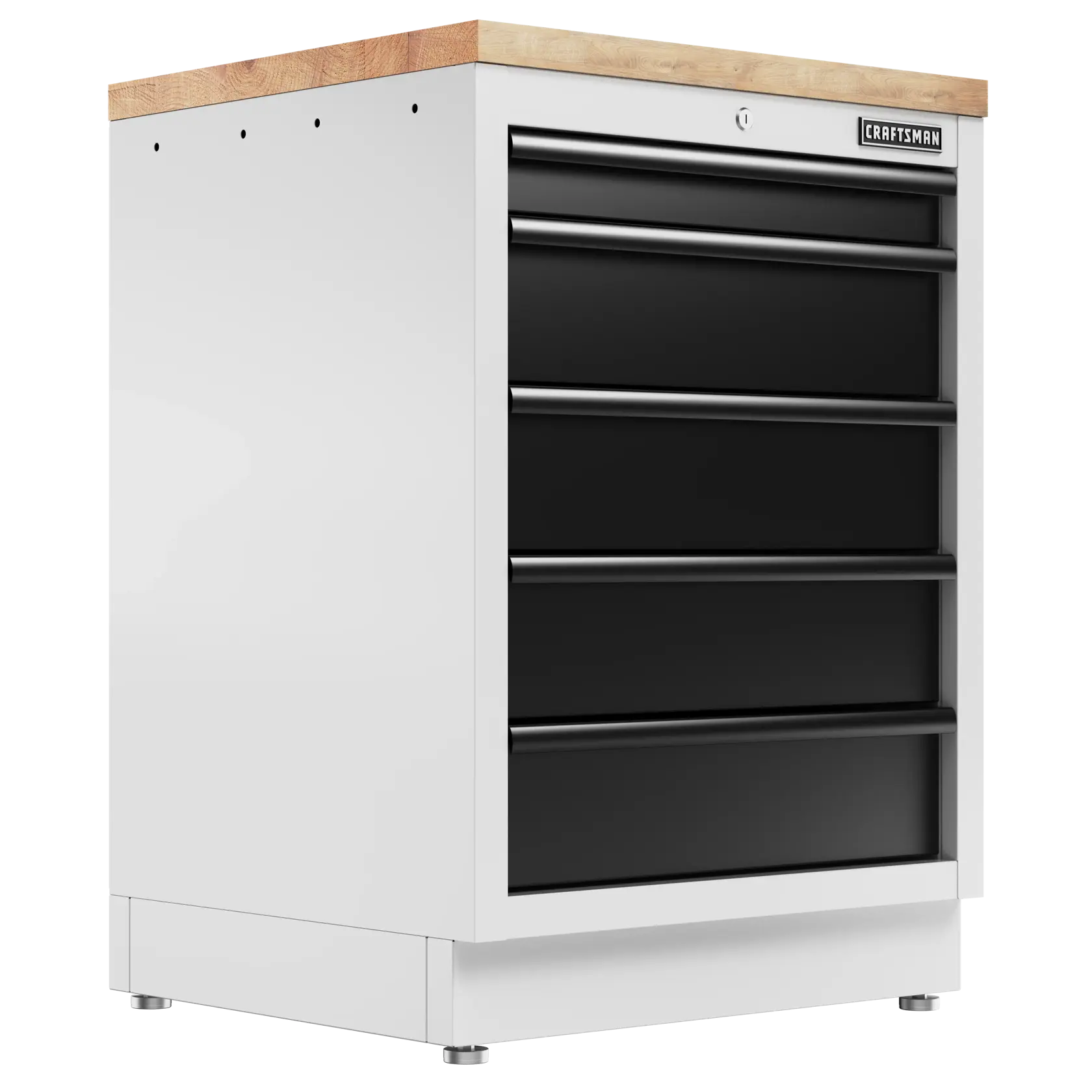 White cabinet with black drawers and wood top, CRAFTSMAN brand. Suitable for workshop or garage storage.