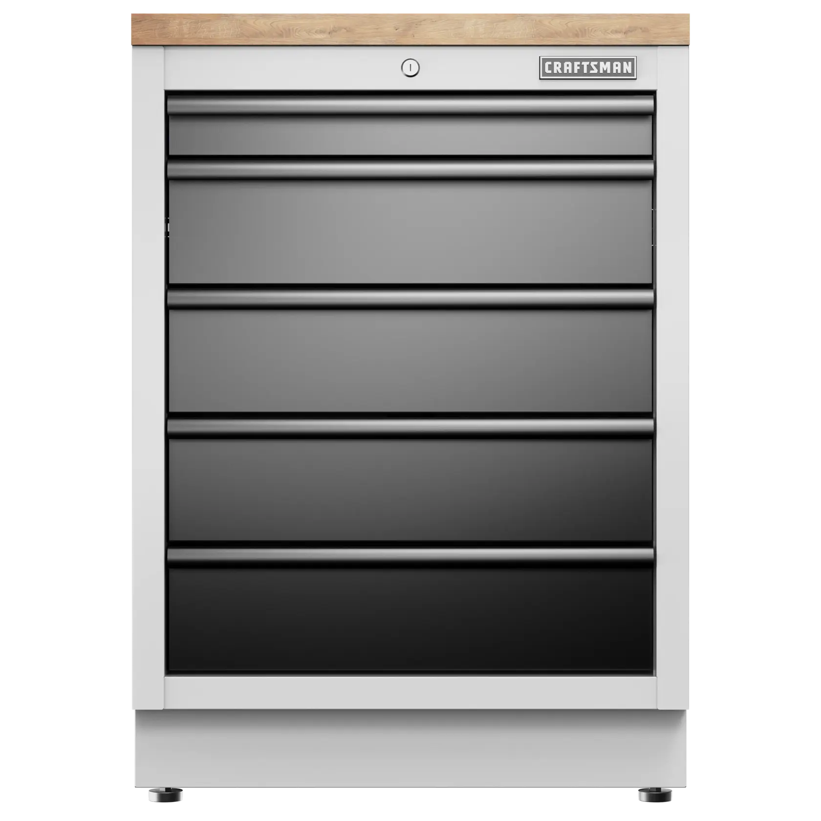 CRAFTSMAN metal tool chest with four drawers and wood top, silver and black finish.