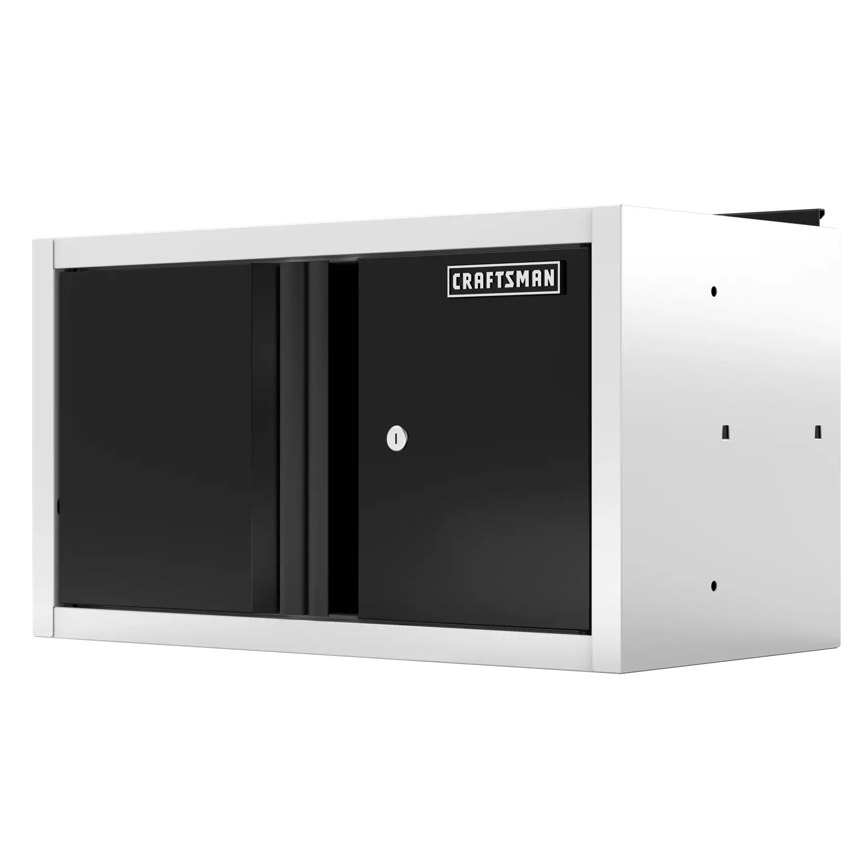 A CRAFTSMAN branded wall-mounted storage cabinet with a black front and silver sides, featuring a lockable door and a rectangular design.
