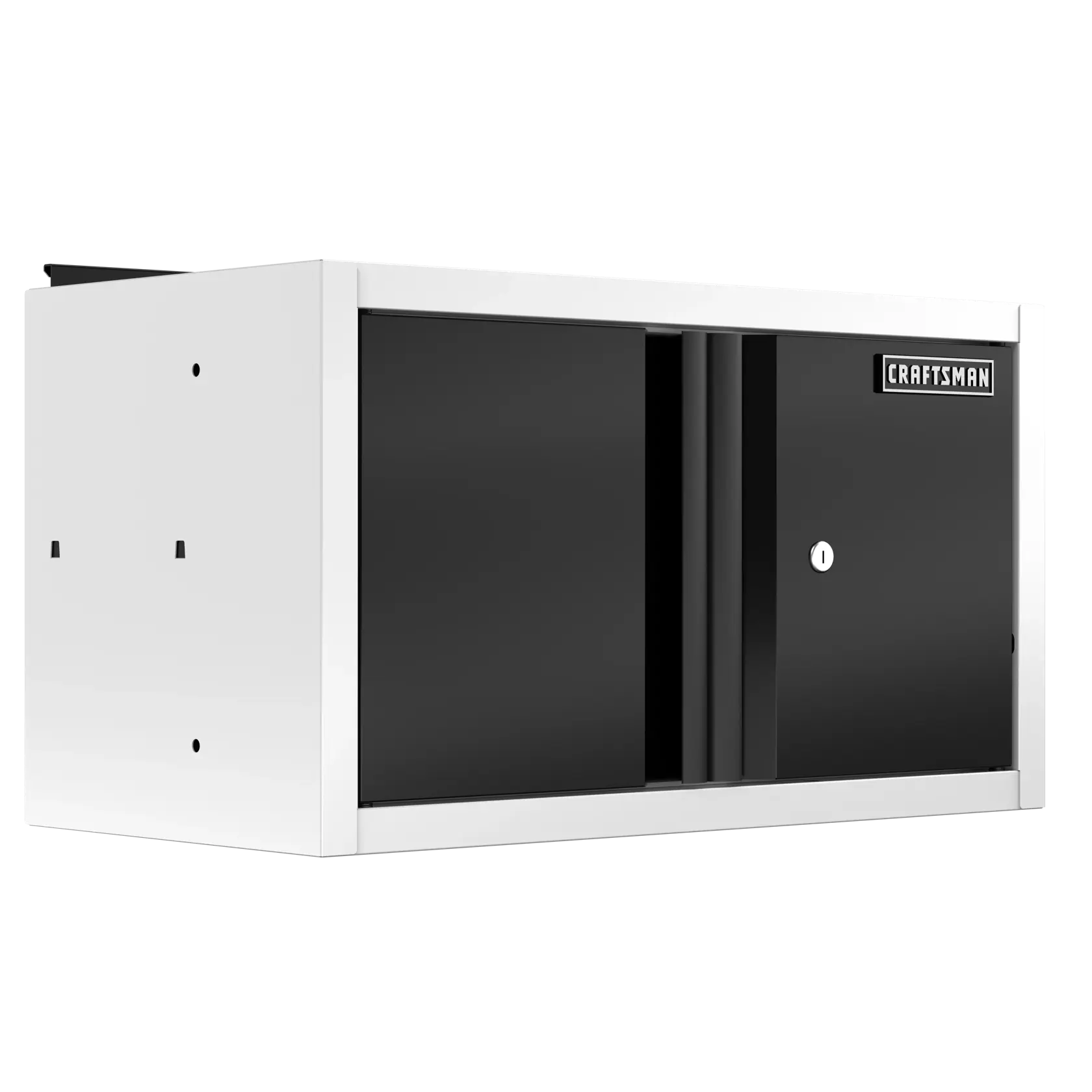 CRAFTSMAN wall-mounted storage cabinet with a white frame and black lockable sliding doors, suitable for organizing tools or equipment.