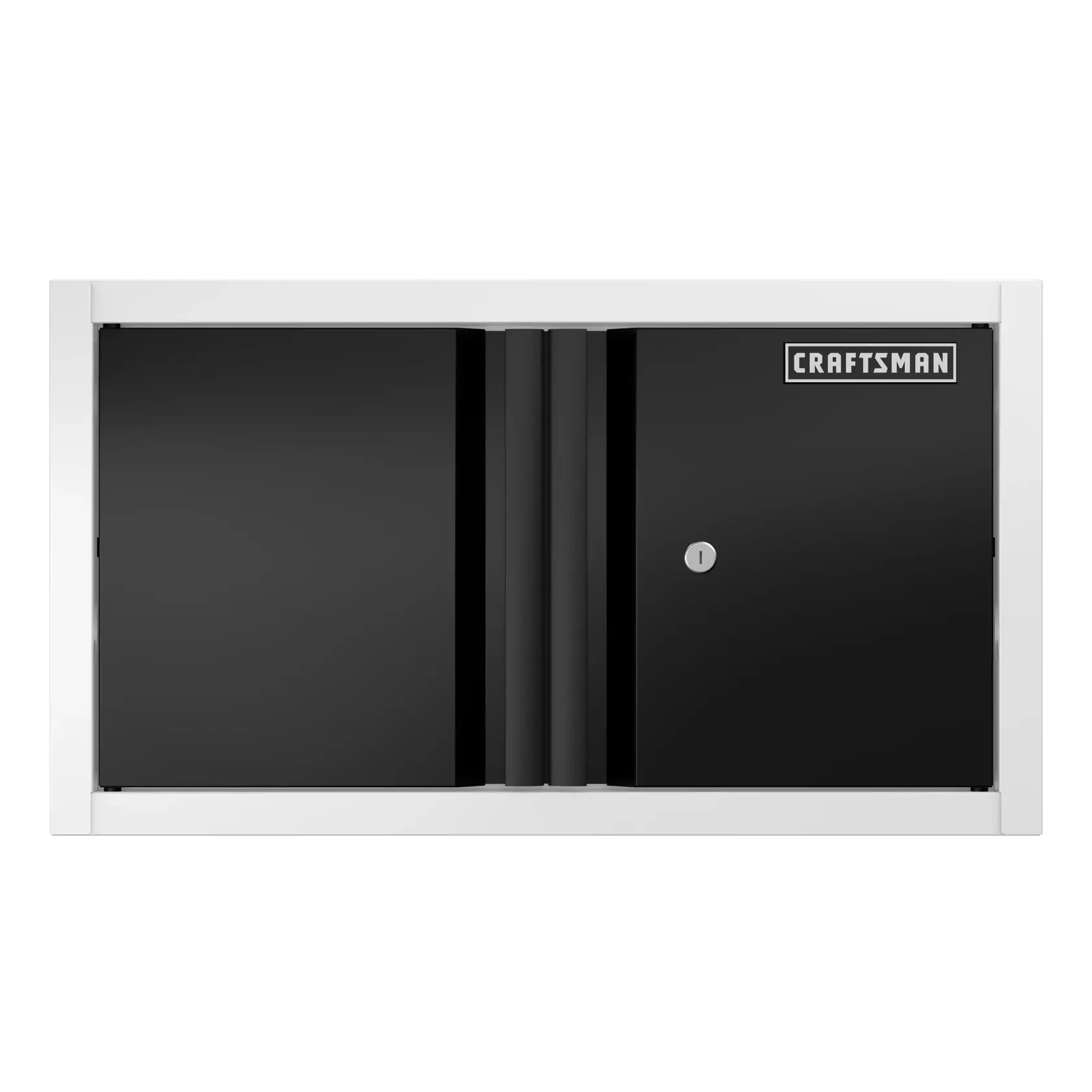 Black wall-mounted storage cabinet with two doors and a lock, featuring the CRAFTSMAN brand logo in the upper right corner.