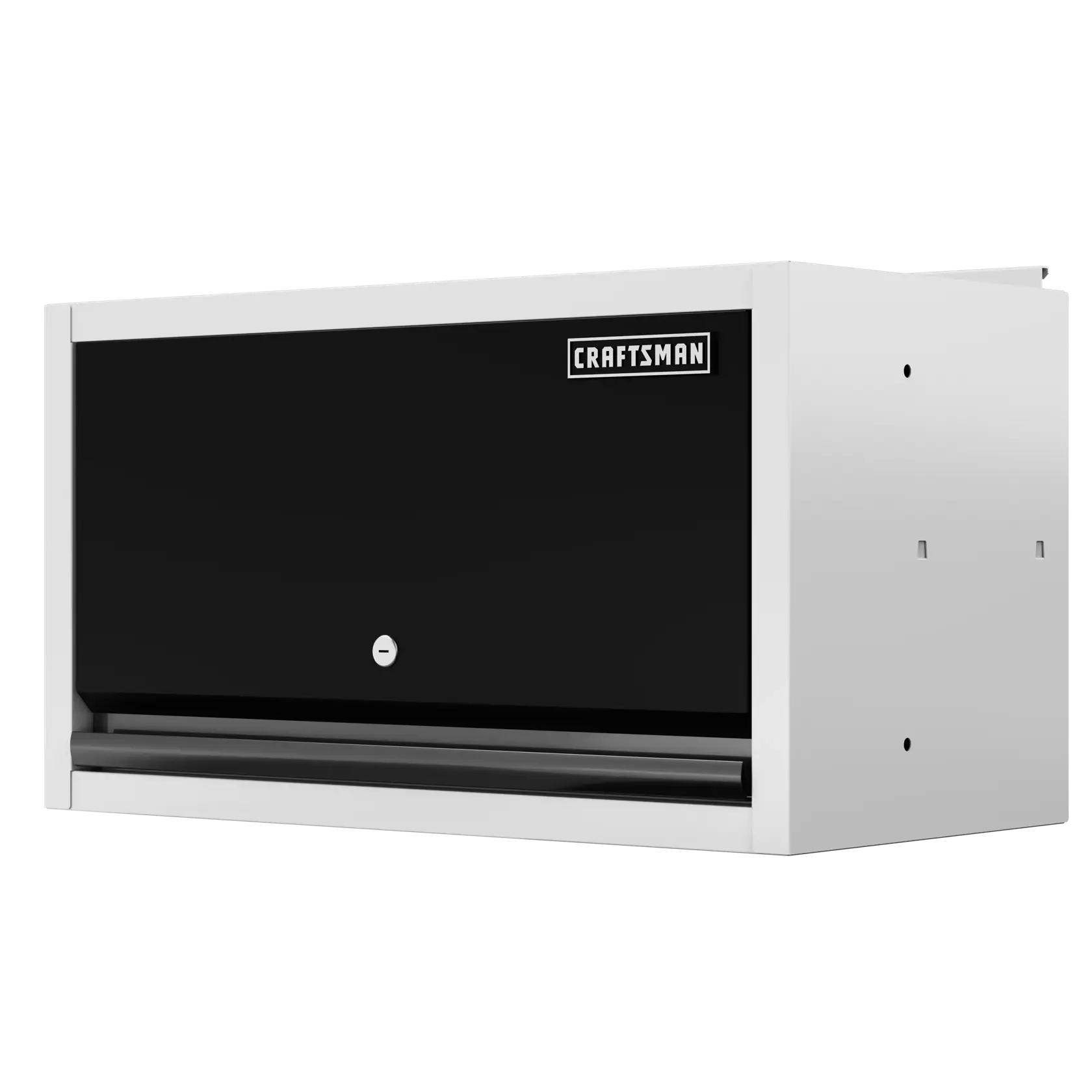 A CRAFTSMAN branded wall mounted cabinet with a black front door and white frame, featuring a lock in the center and a handle at the bottom.