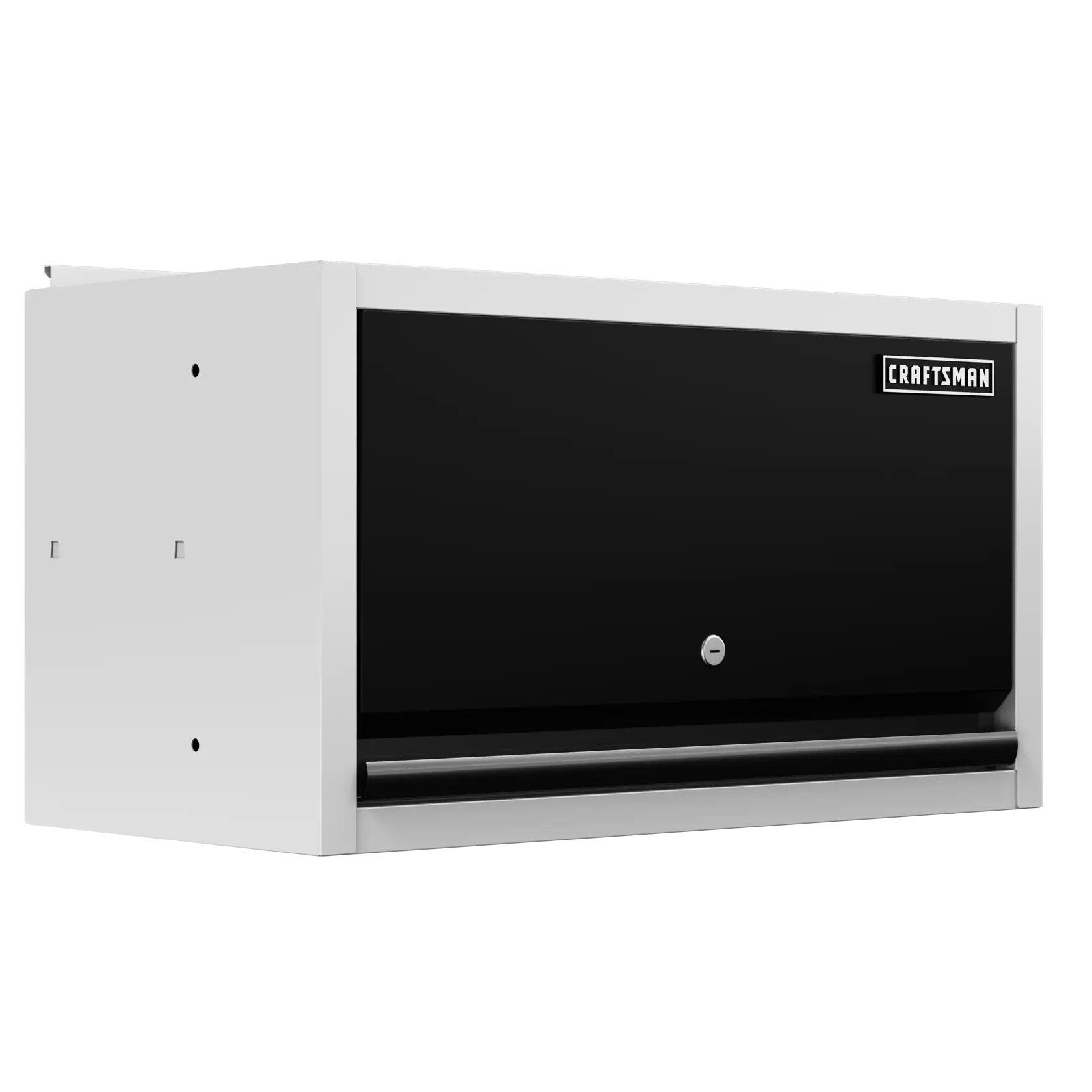 A CRAFTSMAN brand wall-mounted storage cabinet with a black front panel, silver frame, locking mechanism, and handle. The cabinet is rectangular and designed for secure storage.