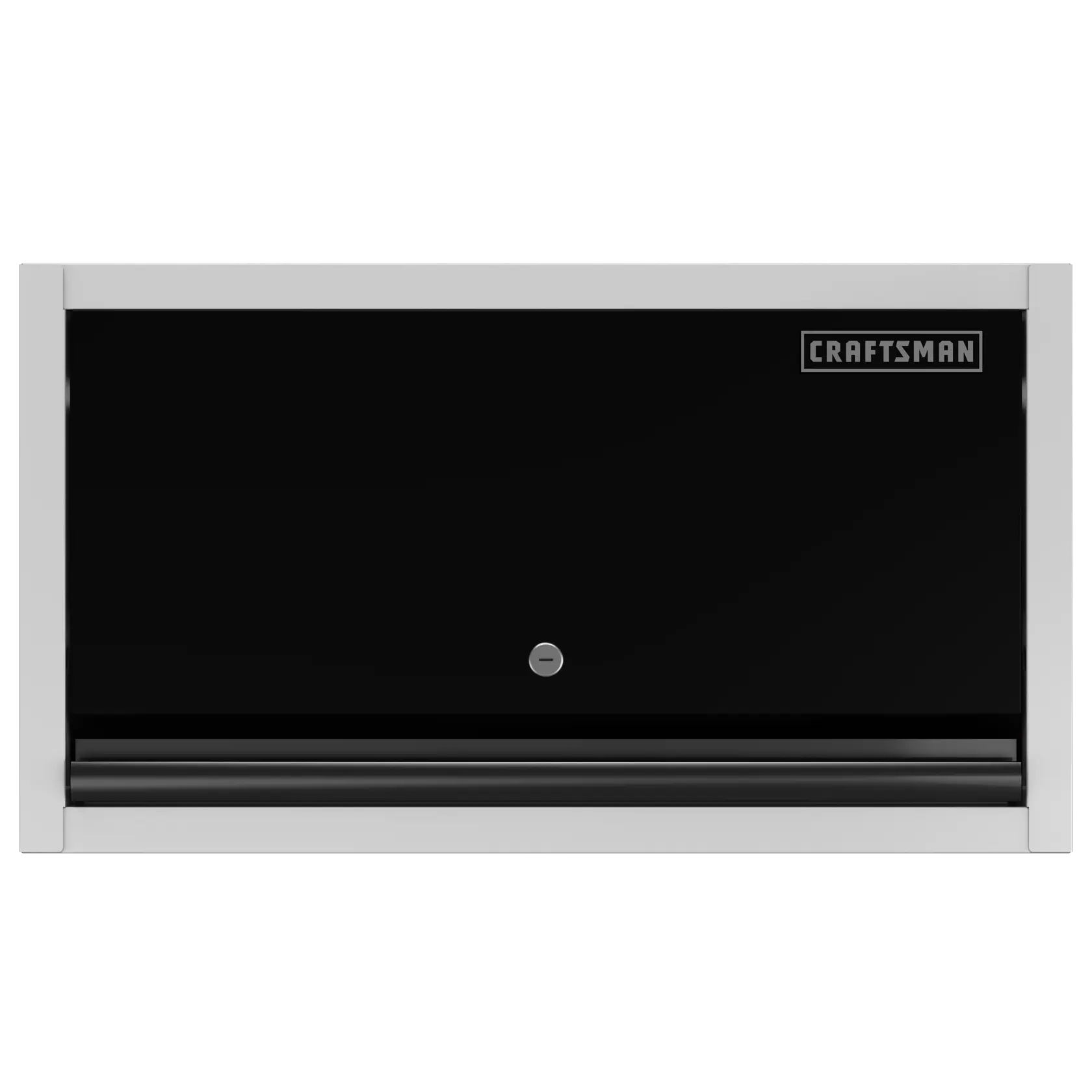 A front view of a CRAFTSMAN wall-mounted storage cabinet with a black door and a silver frame. The cabinet features a lock on the center and the CRAFTSMAN logo in the top right corner.