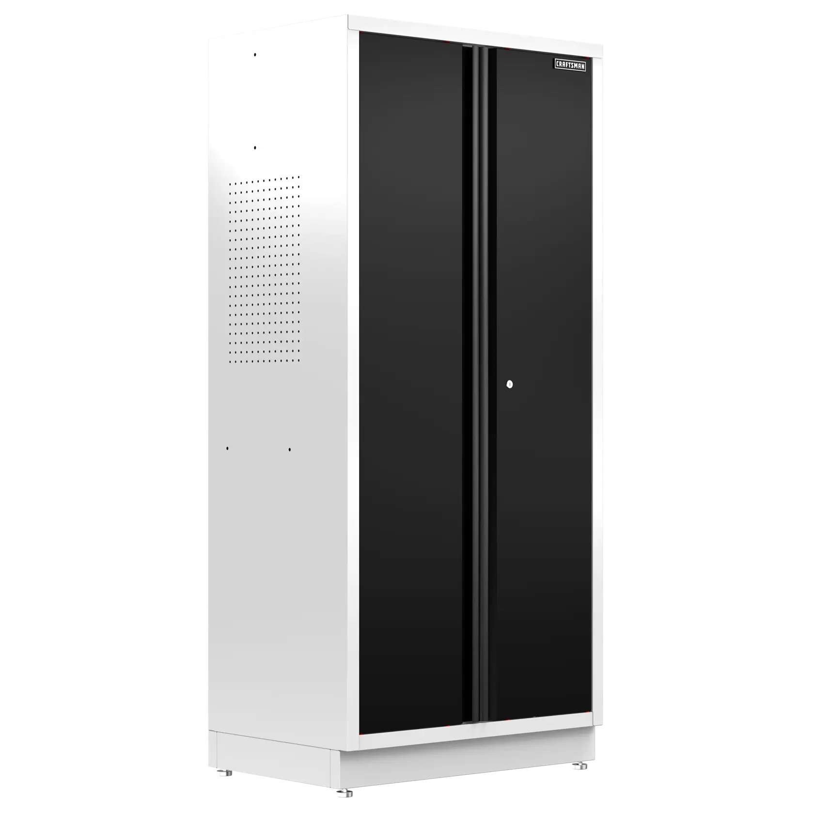 Tall metal storage cabinet with white sides and black double doors, featuring a CRAFTSMAN logo on the top right corner and ventilation holes on the left side.