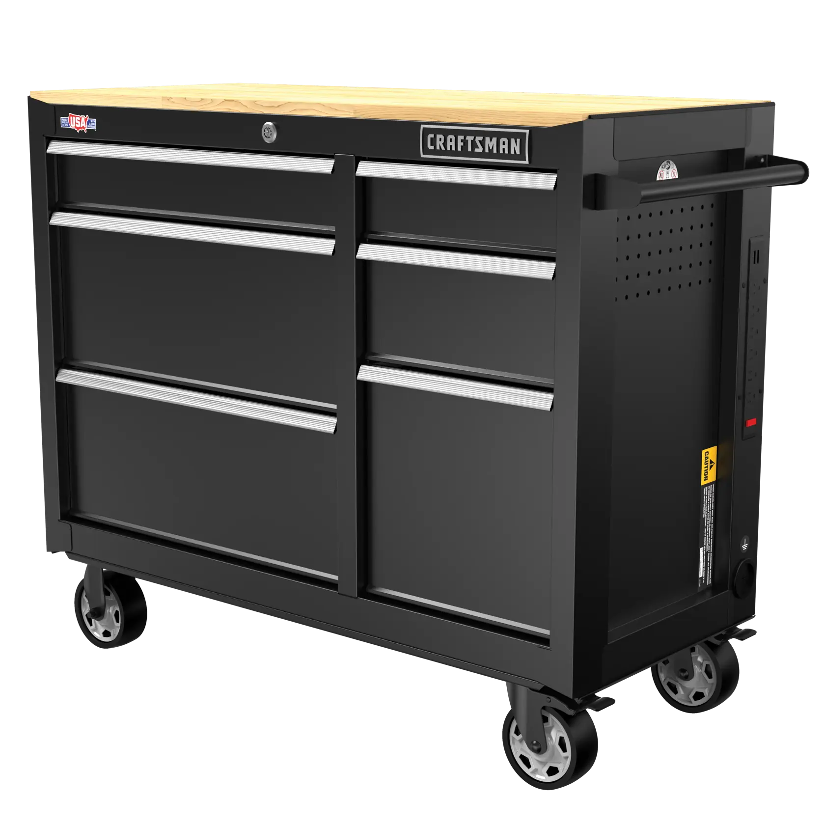 One black CRAFTSMAN 41 inch Wide 6-Drawer Mobile Workbench at 3/4 turn to left