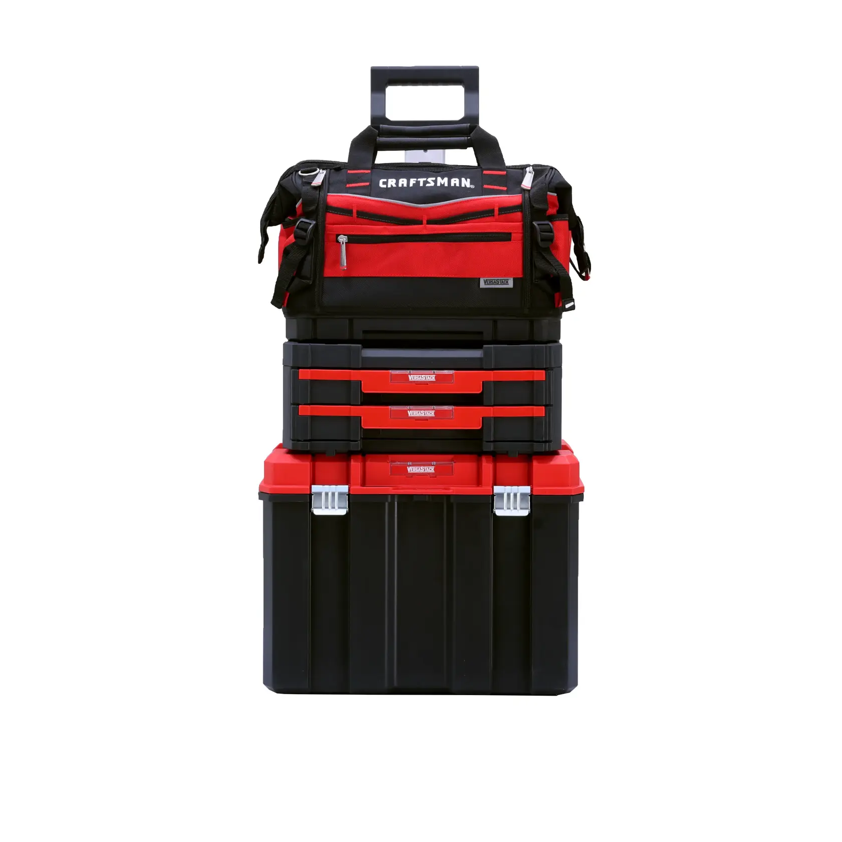 A stacked set of CRAFTSMAN tool storage containers, featuring a red and black soft tool bag on top with a handle, and three hard plastic toolboxes below, all in matching red and black colors.