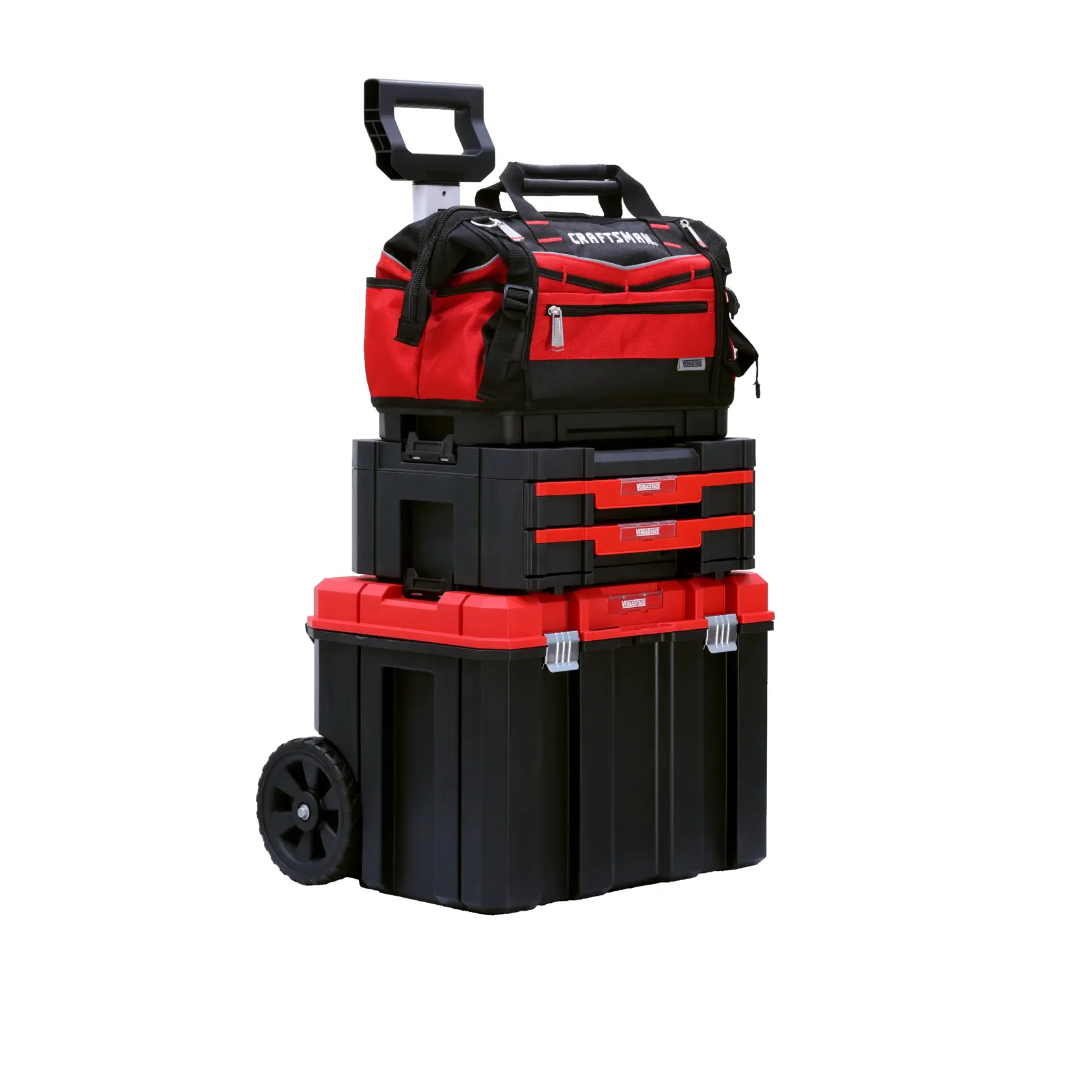 A stackable CRAFTSMAN tool storage system featuring a wheeled black and red toolbox at the bottom, several modular storage cases in the middle, and a red and black soft tool bag with handles on top.