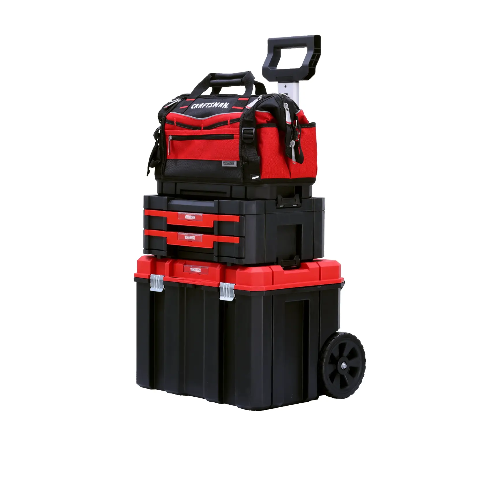 A stack of CRAFTSMAN tool storage units, including a red and black tool bag on top, two black and red toolboxes with drawers in the middle, and a large wheeled toolbox at the bottom, all arranged in a portable system.