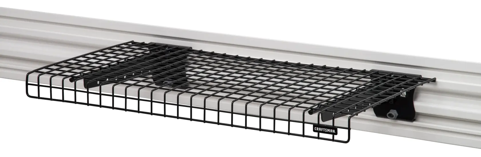 Craftsman CMST82618VT black wire wall shelf, side angle, mounted on white rail.