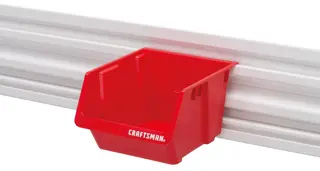 Single red VERSATRACK Bin attached to white VERSATRACK trackwall