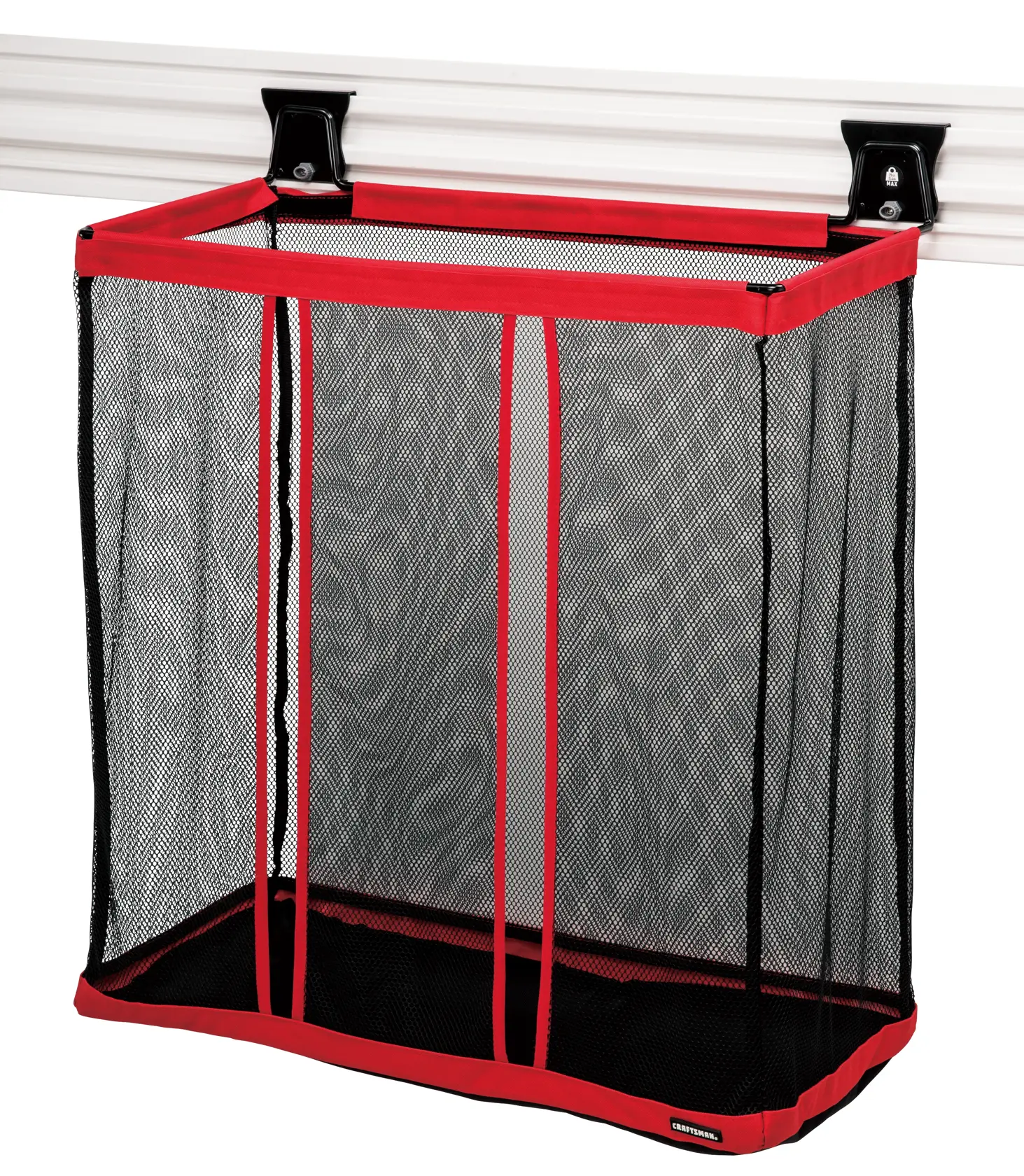 Photo of Craftsman wall-mounted mesh storage basket with red frame, SKU CMST82621VT, front angle on white background.