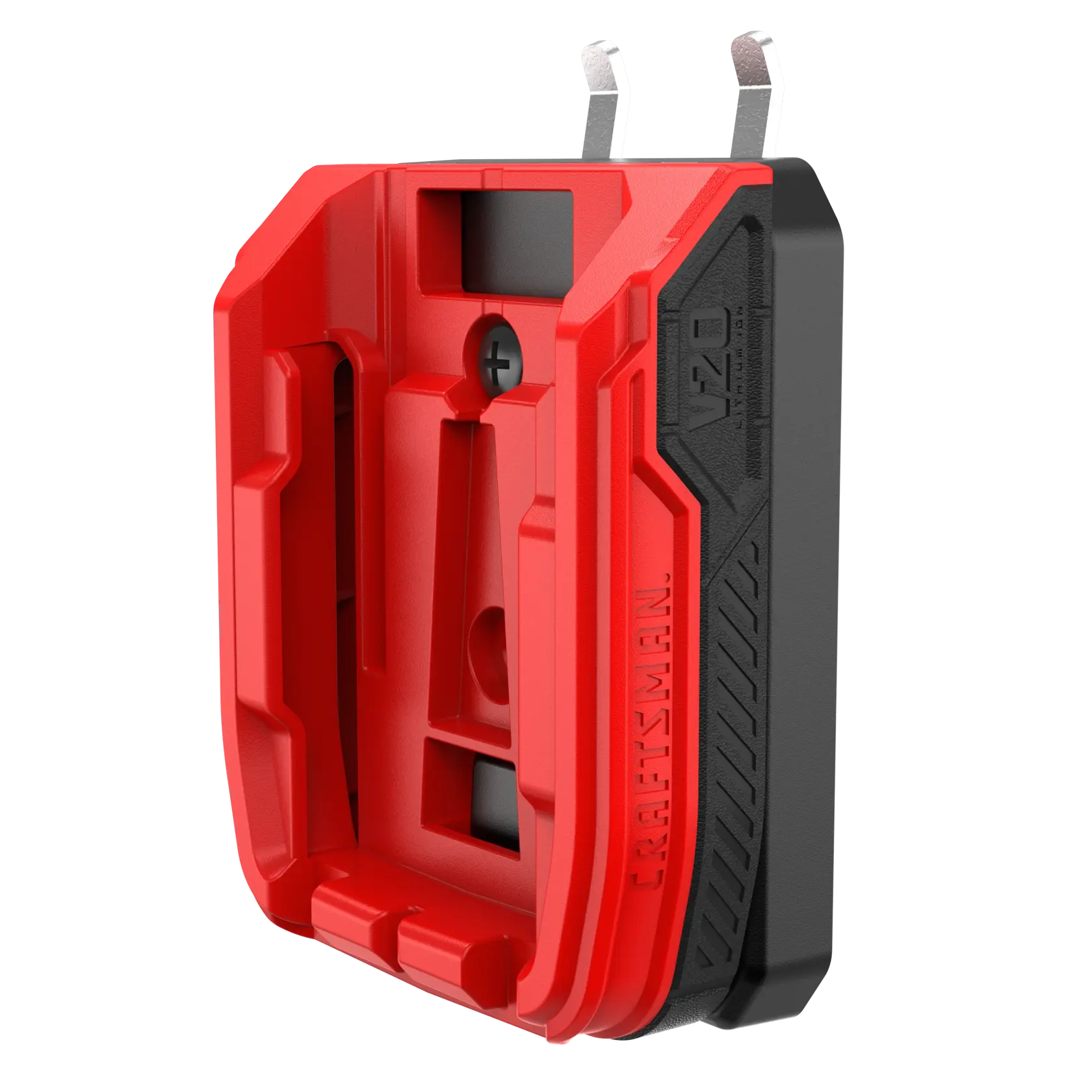 A close-up view of a Craftsman V20 battery charger, featuring a red and black plastic casing with two metal prongs for plugging into an electrical outlet. The charger has grooves and a slot designed to fit a V20 battery.